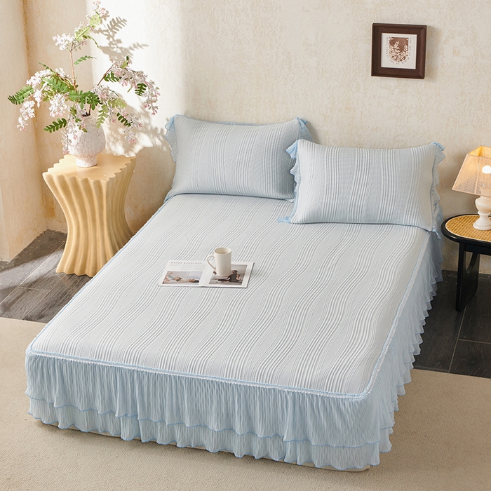 91家纺网 家纺一手货源 找家纺 桂雅居 2026新款高分子冰感蕾丝床裙床笠款凉席三件套 云漫冰蓝