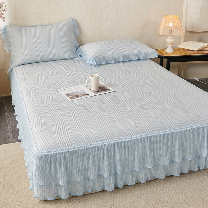 91家纺网 家纺一手货源 找家纺 桂雅居 2026新款高分子冰感蕾丝床裙床笠款凉席三件套 云漫冰蓝