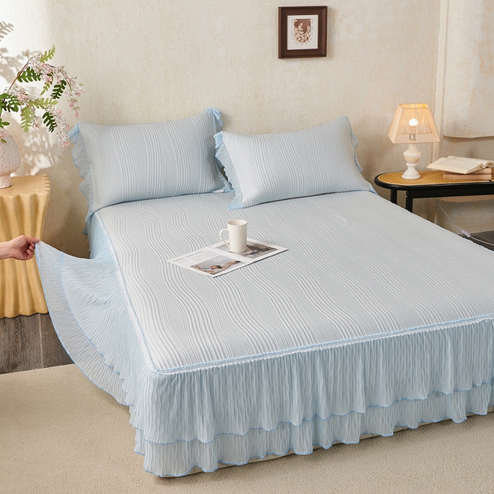 91家纺网 家纺一手货源 找家纺 桂雅居 2026新款高分子冰感蕾丝床裙床笠款凉席三件套 云漫冰蓝