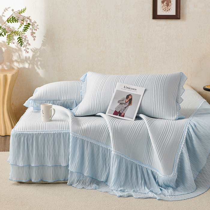 91家纺网 家纺一手货源 找家纺 桂雅居 2026新款高分子冰感蕾丝床裙床笠款凉席三件套 云漫冰蓝