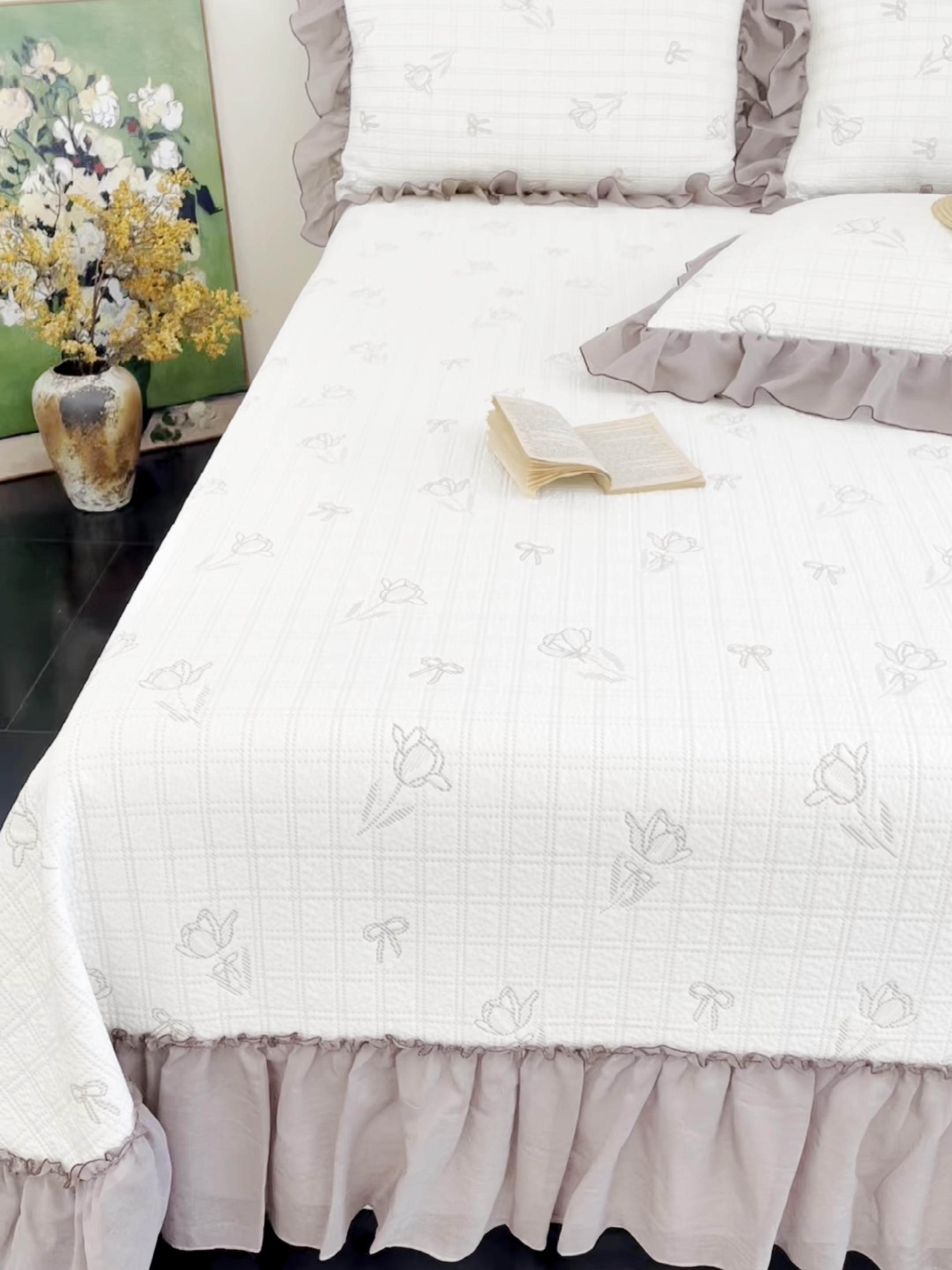 91家纺网 家纺一手货源 找家纺 金绣美居 2026新款PE高分子凉感席聚乙烯冰感床裙款凉席三件套-韩式系列 花朝