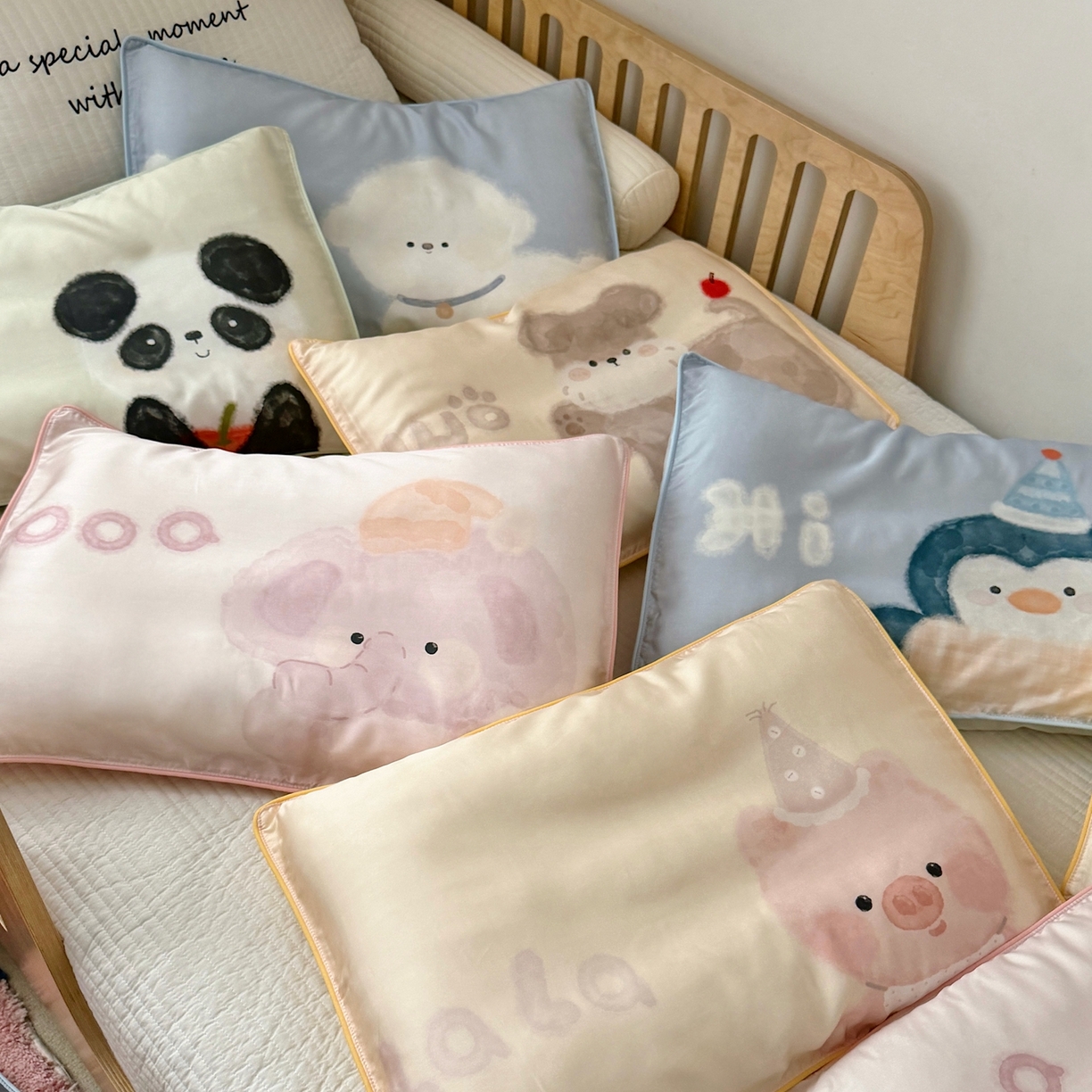91家纺网 家纺一手货源 找家纺 萌宝家纺 2026新款60S兰精天丝儿童枕套幼儿园枕头枕芯（ins水彩卡通系列） 组合图（仅供展示不可下单）