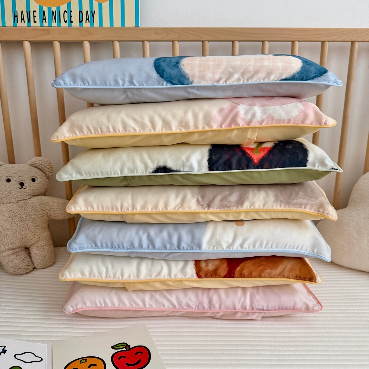 91家纺网 家纺一手货源 找家纺 萌宝家纺 2026新款60S兰精天丝儿童枕套幼儿园枕头枕芯（ins水彩卡通系列） 组合图（仅供展示不可下单）