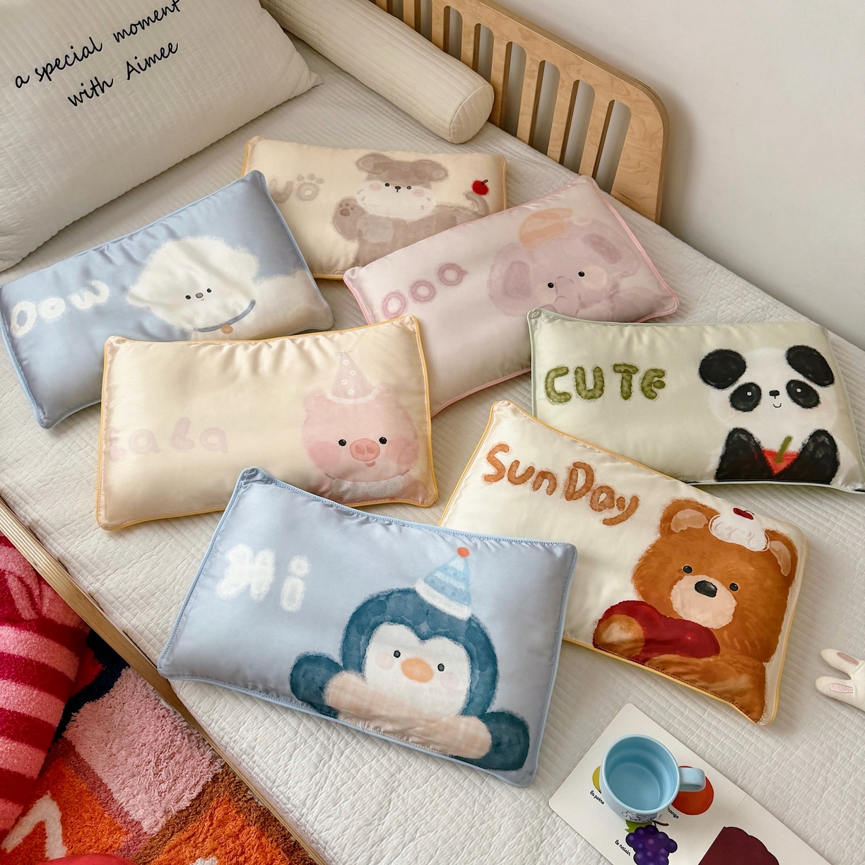 91家纺网 家纺一手货源 找家纺 萌宝家纺 2026新款60S兰精天丝儿童枕套幼儿园枕头枕芯（ins水彩卡通系列） 组合图（仅供展示不可下单）