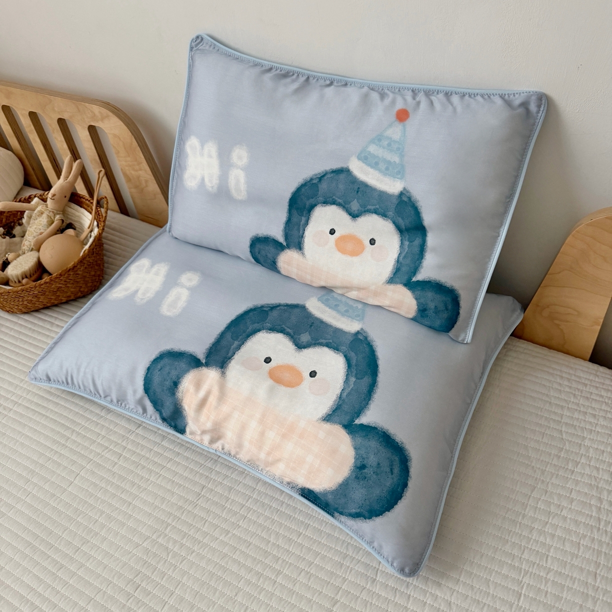 91家纺网 家纺一手货源 找家纺 萌宝家纺 2026新款60S兰精天丝儿童枕套幼儿园枕头枕芯（ins水彩卡通系列） 水彩-企鹅