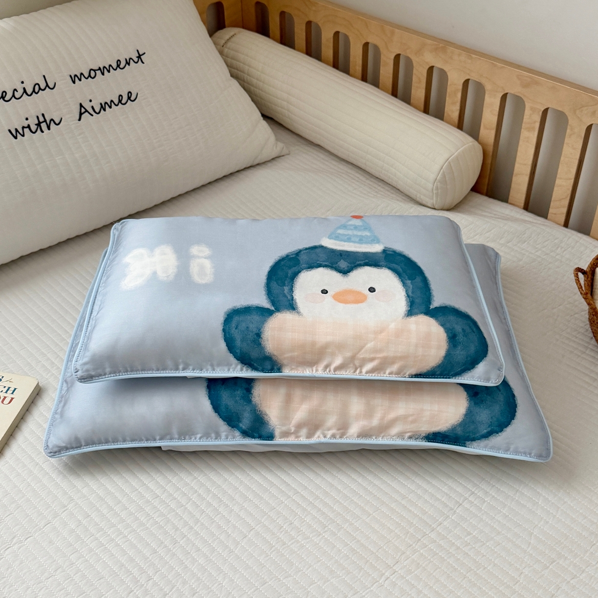 91家纺网 家纺一手货源 找家纺 萌宝家纺 2026新款60S兰精天丝儿童枕套幼儿园枕头枕芯（ins水彩卡通系列） 水彩-企鹅