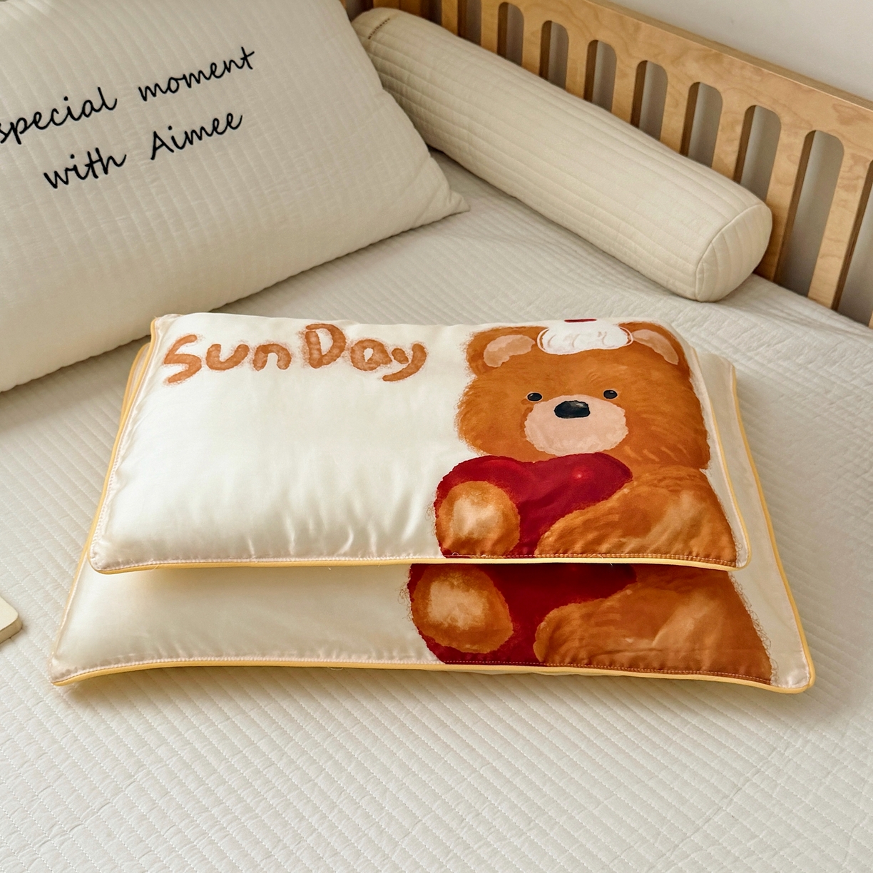 91家纺网 家纺一手货源 找家纺 萌宝家纺 2026新款60S兰精天丝儿童枕套幼儿园枕头枕芯（ins水彩卡通系列） 水彩-小熊