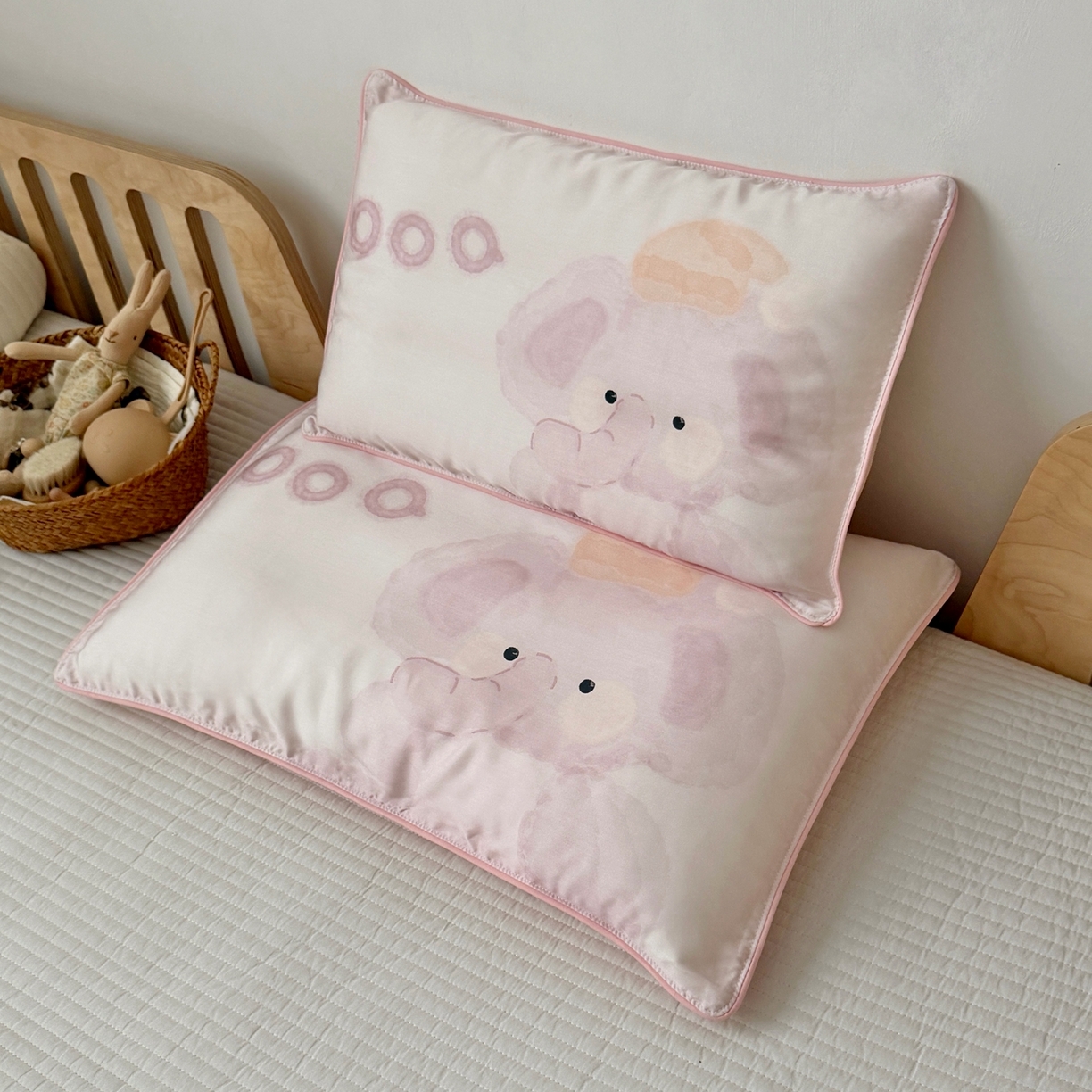 91家纺网 家纺一手货源 找家纺 萌宝家纺 2026新款60S兰精天丝儿童枕套幼儿园枕头枕芯（ins水彩卡通系列） 水彩-小象