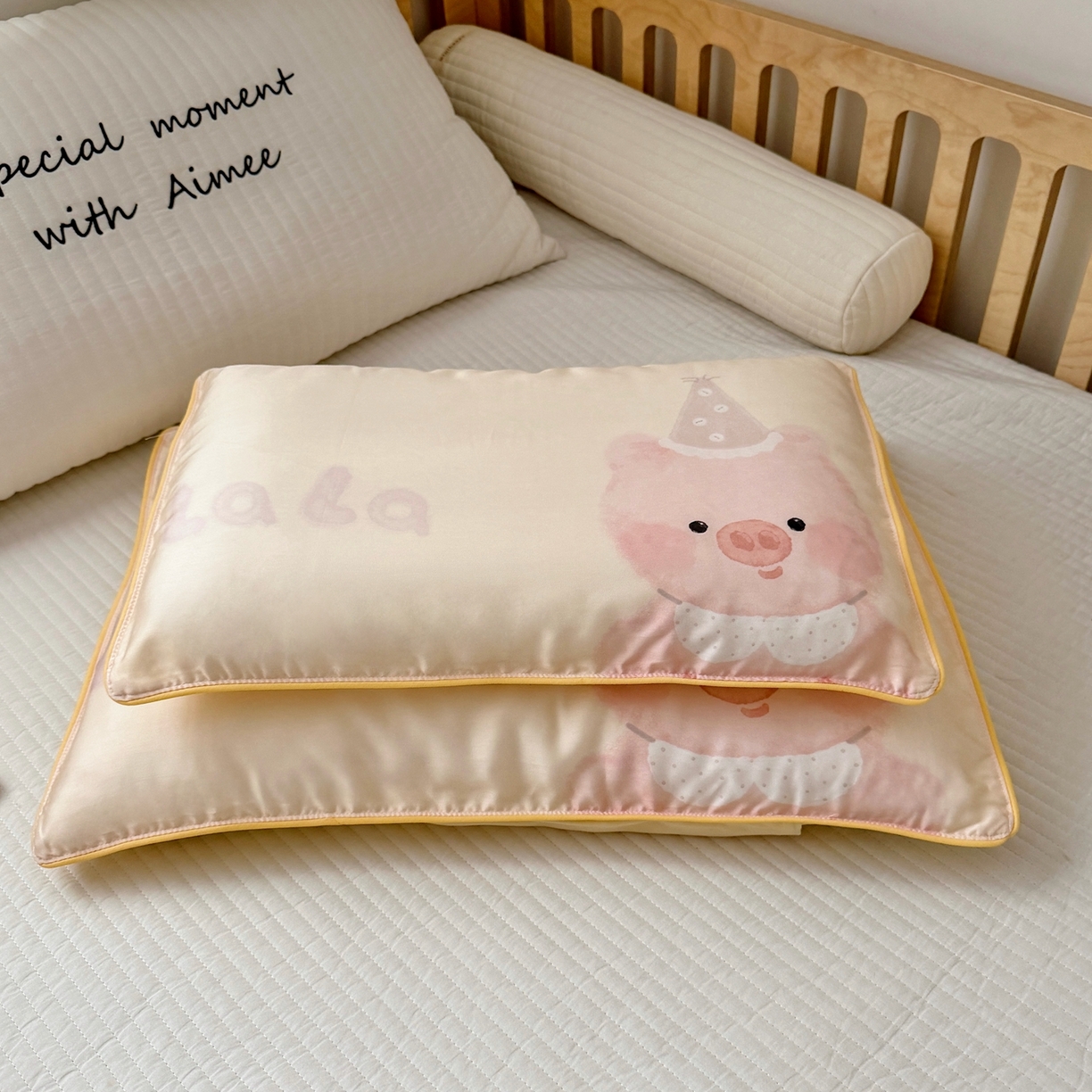 91家纺网 家纺一手货源 找家纺 萌宝家纺 2026新款60S兰精天丝儿童枕套幼儿园枕头枕芯（ins水彩卡通系列） 水彩-小猪