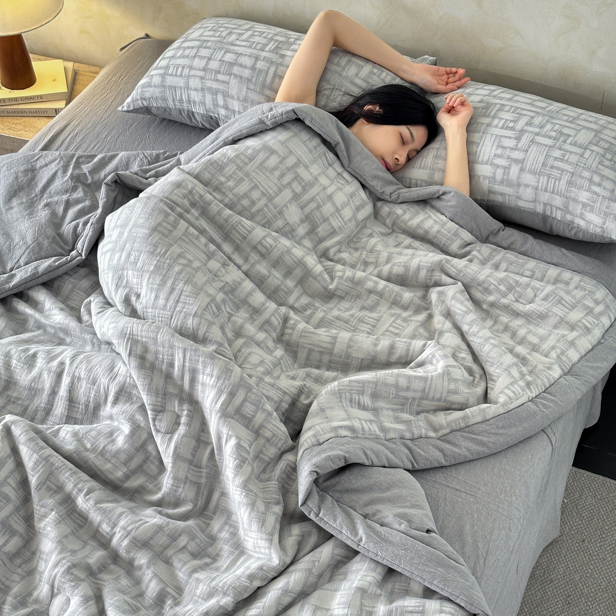 如一 2026新款A类色织提花全棉双层纱水洗棉夏被夏凉被空调被四件套 浮光灰