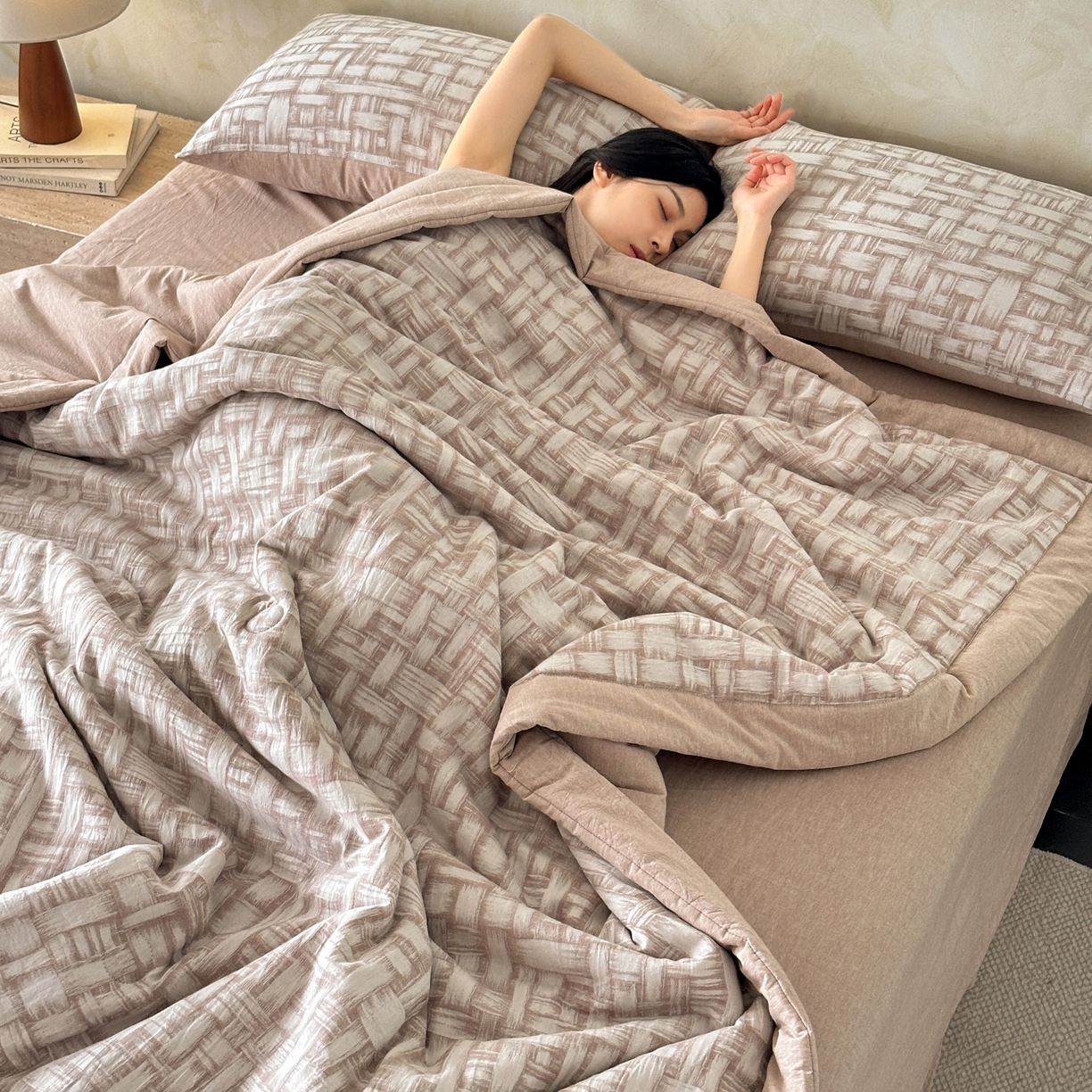 如一 2026新款A类色织提花全棉双层纱水洗棉夏被夏凉被空调被四件套 浮光咖