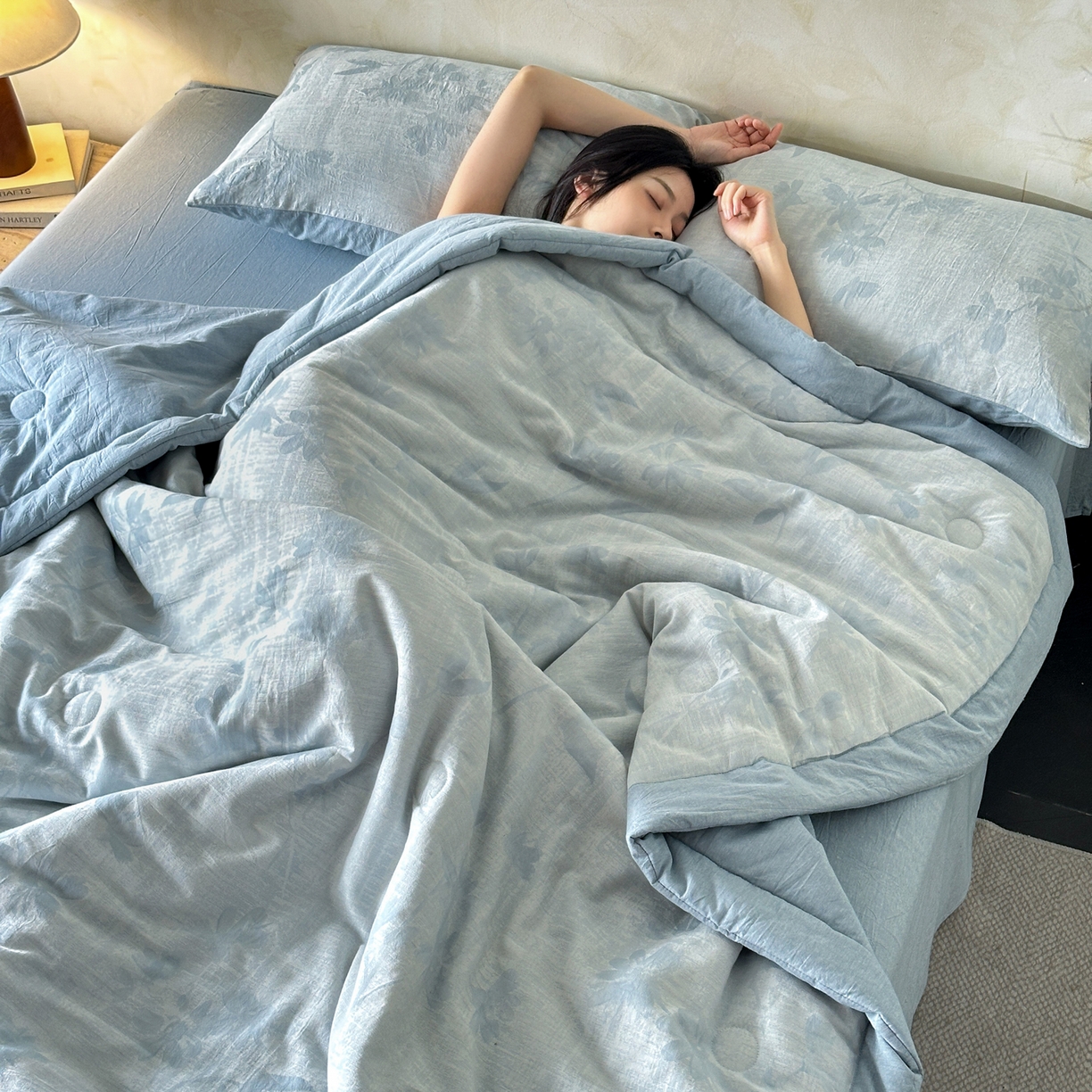 如一 2026新款A类色织提花全棉双层纱水洗棉夏被夏凉被空调被四件套 兰序蓝