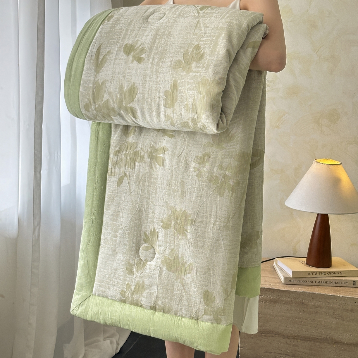 91家纺网 家纺一手货源 找家纺 如一 2026新款A类色织提花全棉双层纱水洗棉夏被夏凉被空调被四件套 兰序绿