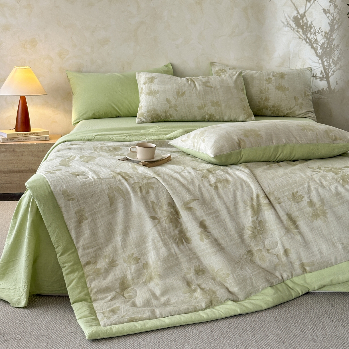 91家纺网 家纺一手货源 找家纺 如一 2026新款A类色织提花全棉双层纱水洗棉夏被夏凉被空调被四件套 兰序绿