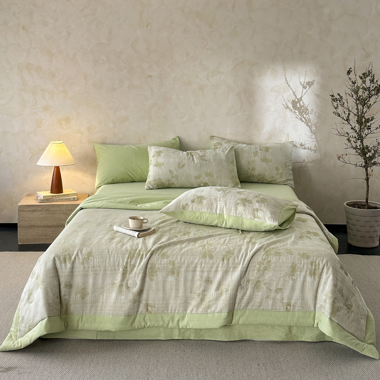 91家纺网 家纺一手货源 找家纺 如一 2026新款A类色织提花全棉双层纱水洗棉夏被夏凉被空调被四件套 兰序绿