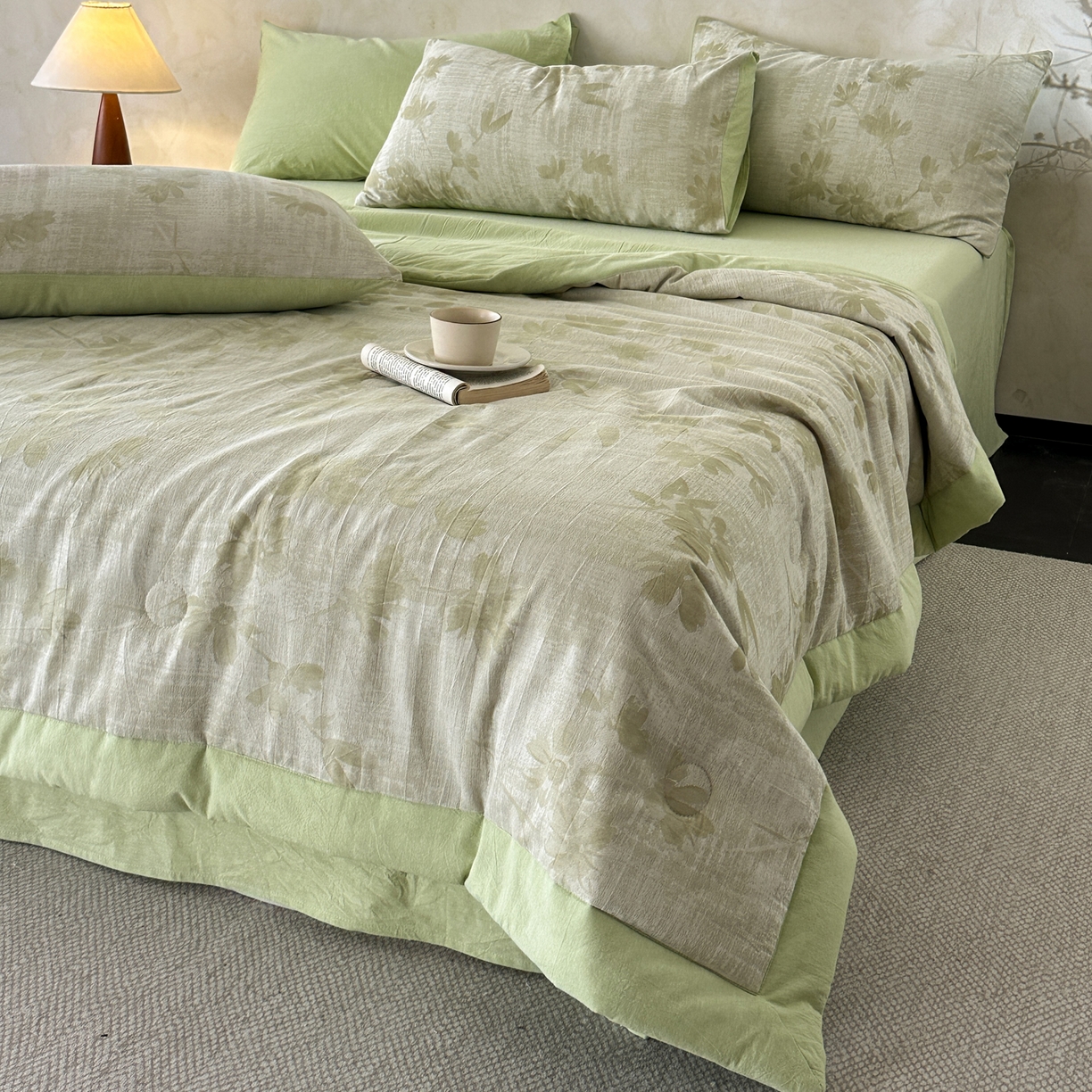 91家纺网 家纺一手货源 找家纺 如一 2026新款A类色织提花全棉双层纱水洗棉夏被夏凉被空调被四件套 兰序绿