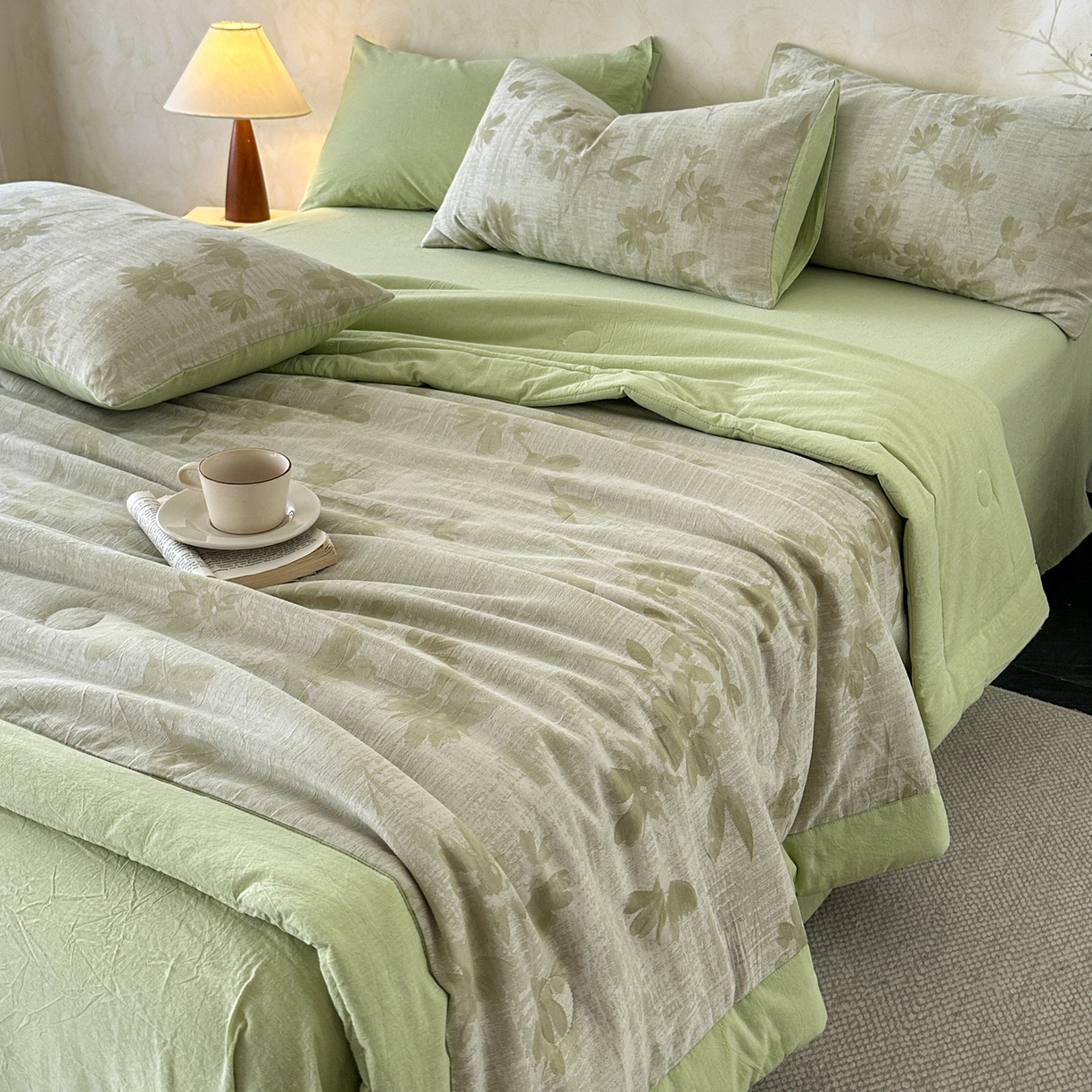 91家纺网 家纺一手货源 找家纺 如一 2026新款A类色织提花全棉双层纱水洗棉夏被夏凉被空调被四件套 兰序绿