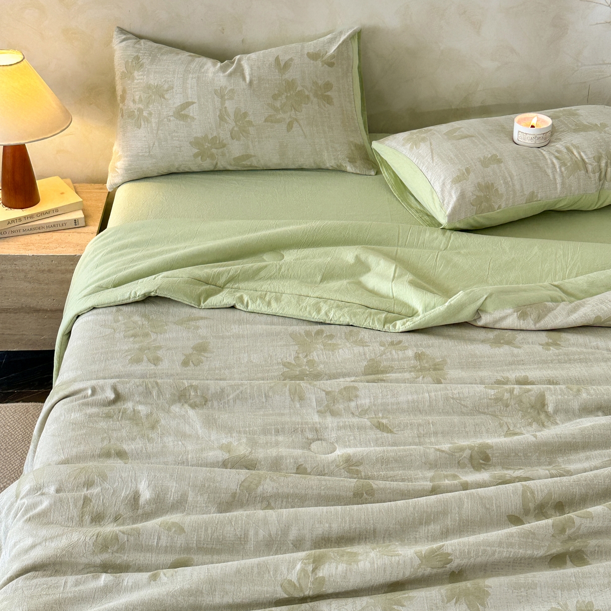 91家纺网 家纺一手货源 找家纺 如一 2026新款A类色织提花全棉双层纱水洗棉夏被夏凉被空调被四件套 兰序绿