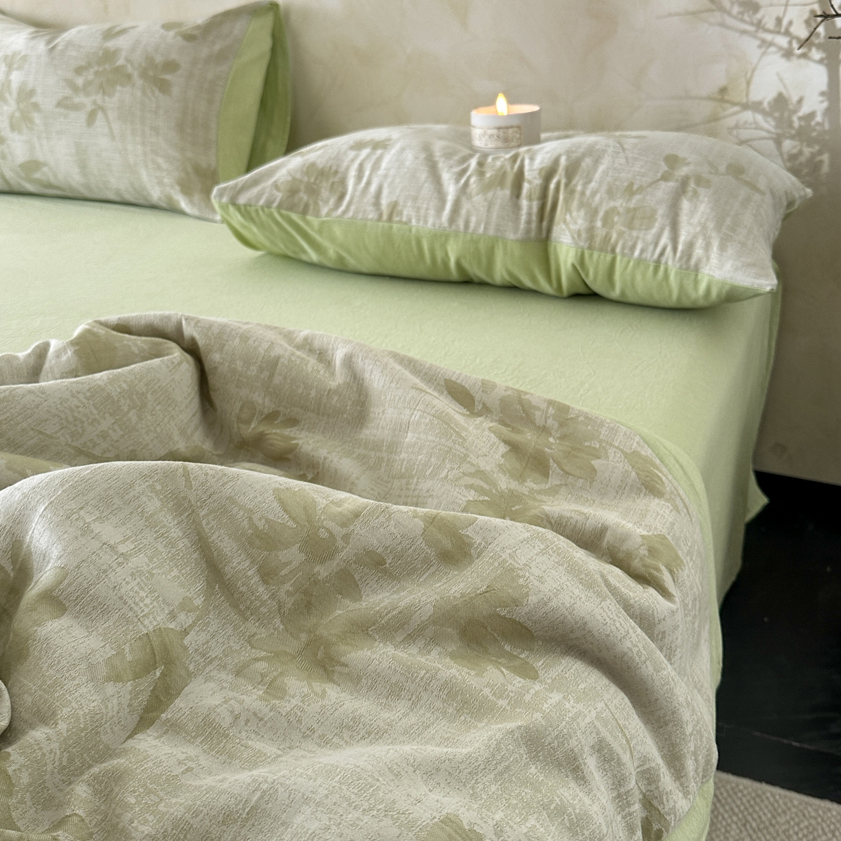 91家纺网 家纺一手货源 找家纺 如一 2026新款A类色织提花全棉双层纱水洗棉夏被夏凉被空调被四件套 兰序绿