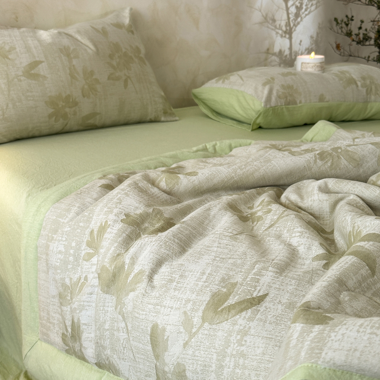 91家纺网 家纺一手货源 找家纺 如一 2026新款A类色织提花全棉双层纱水洗棉夏被夏凉被空调被四件套 兰序绿