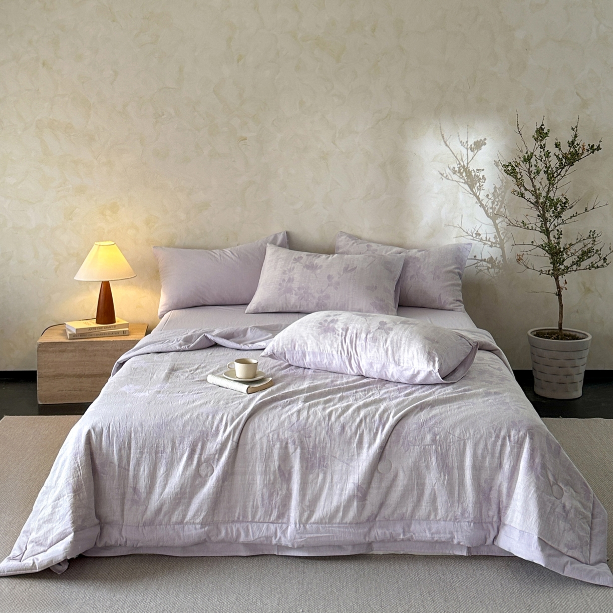 91家纺网 家纺一手货源 找家纺 如一 2026新款A类色织提花全棉双层纱水洗棉夏被夏凉被空调被四件套 兰序紫