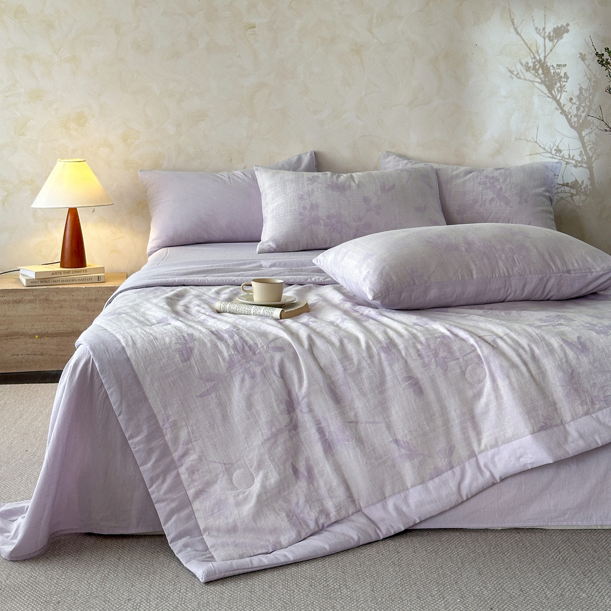 91家纺网 家纺一手货源 找家纺 如一 2026新款A类色织提花全棉双层纱水洗棉夏被夏凉被空调被四件套 兰序紫