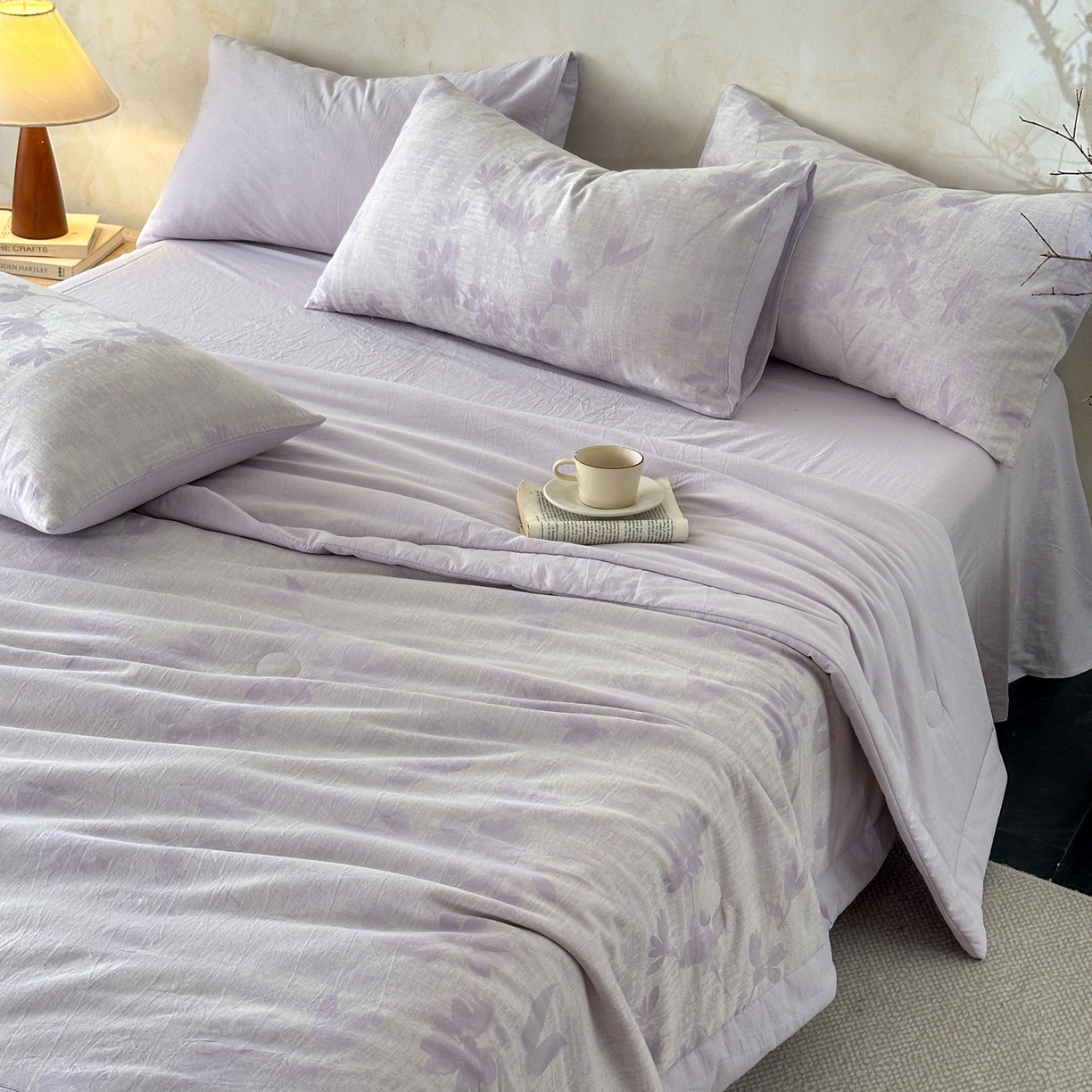 91家纺网 家纺一手货源 找家纺 如一 2026新款A类色织提花全棉双层纱水洗棉夏被夏凉被空调被四件套 兰序紫