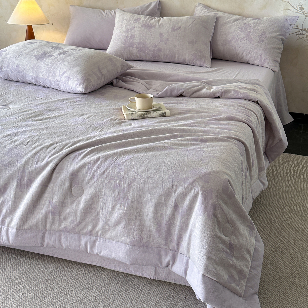 91家纺网 家纺一手货源 找家纺 如一 2026新款A类色织提花全棉双层纱水洗棉夏被夏凉被空调被四件套 兰序紫