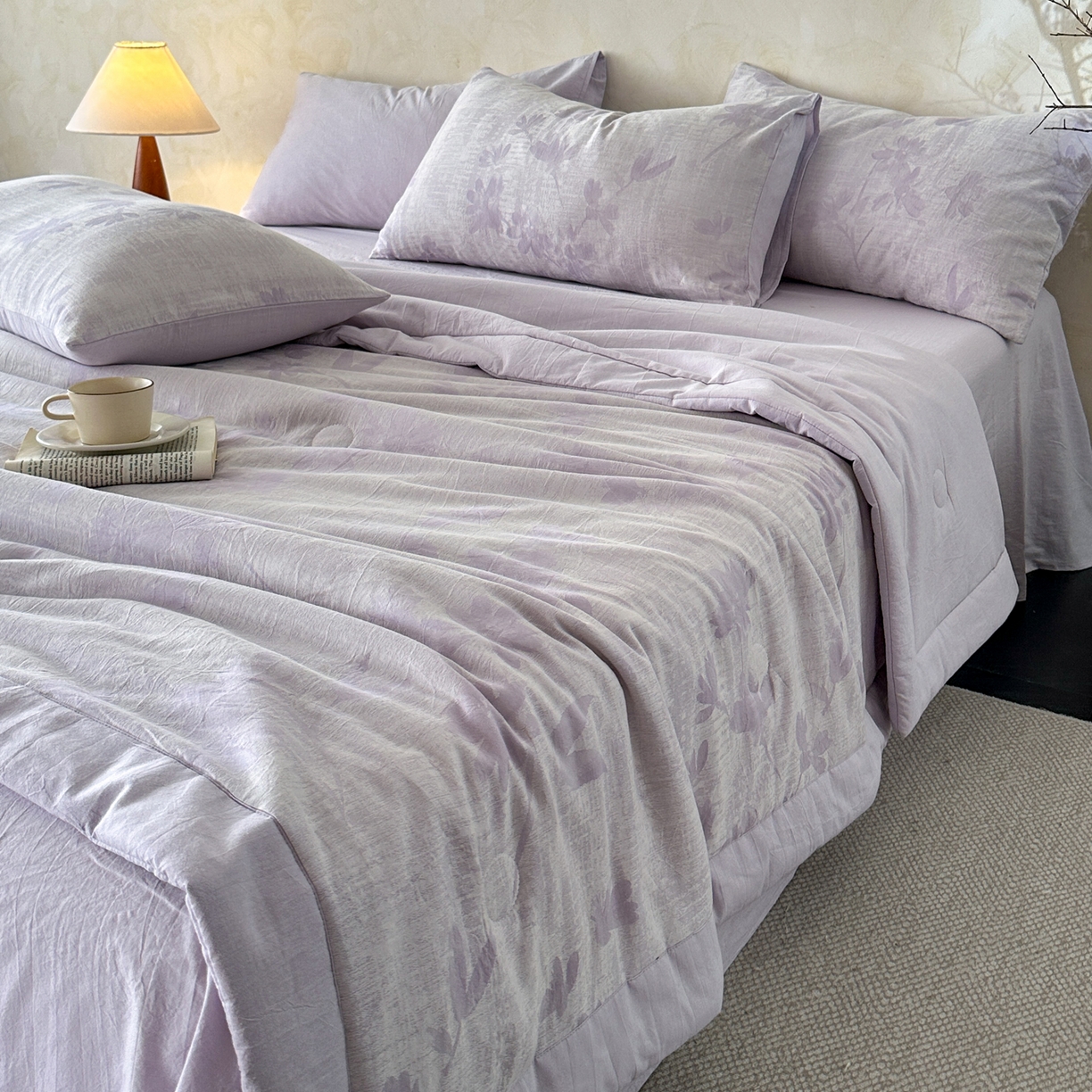 91家纺网 家纺一手货源 找家纺 如一 2026新款A类色织提花全棉双层纱水洗棉夏被夏凉被空调被四件套 兰序紫