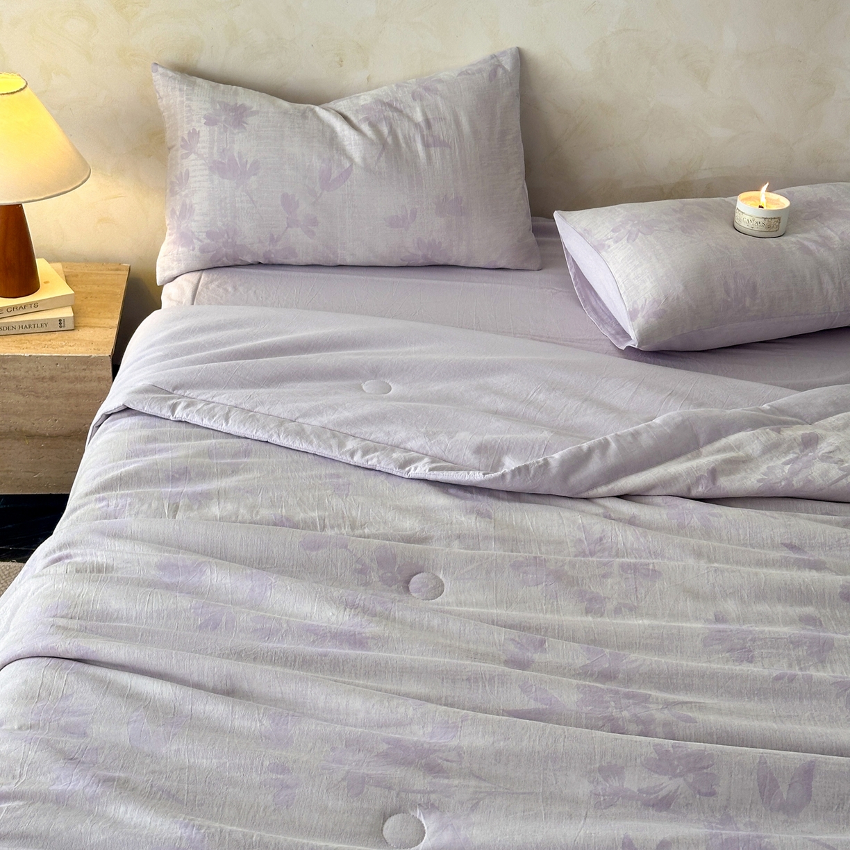 91家纺网 家纺一手货源 找家纺 如一 2026新款A类色织提花全棉双层纱水洗棉夏被夏凉被空调被四件套 兰序紫