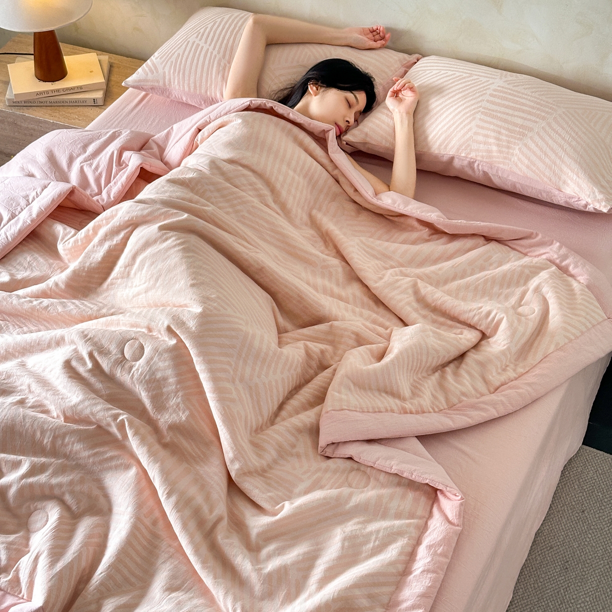 如一 2026新款A类色织提花全棉双层纱水洗棉夏被夏凉被空调被四件套 序章粉