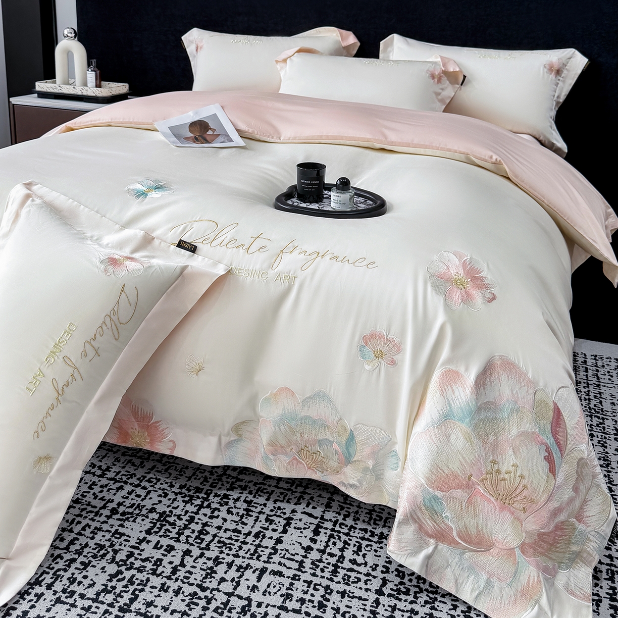 91家纺网 家纺一手货源 找家纺 （总）欣宜家纺 2026春夏新款A类50支贡缎长绒棉纯棉刺绣轻奢绣花四件套-花枝里