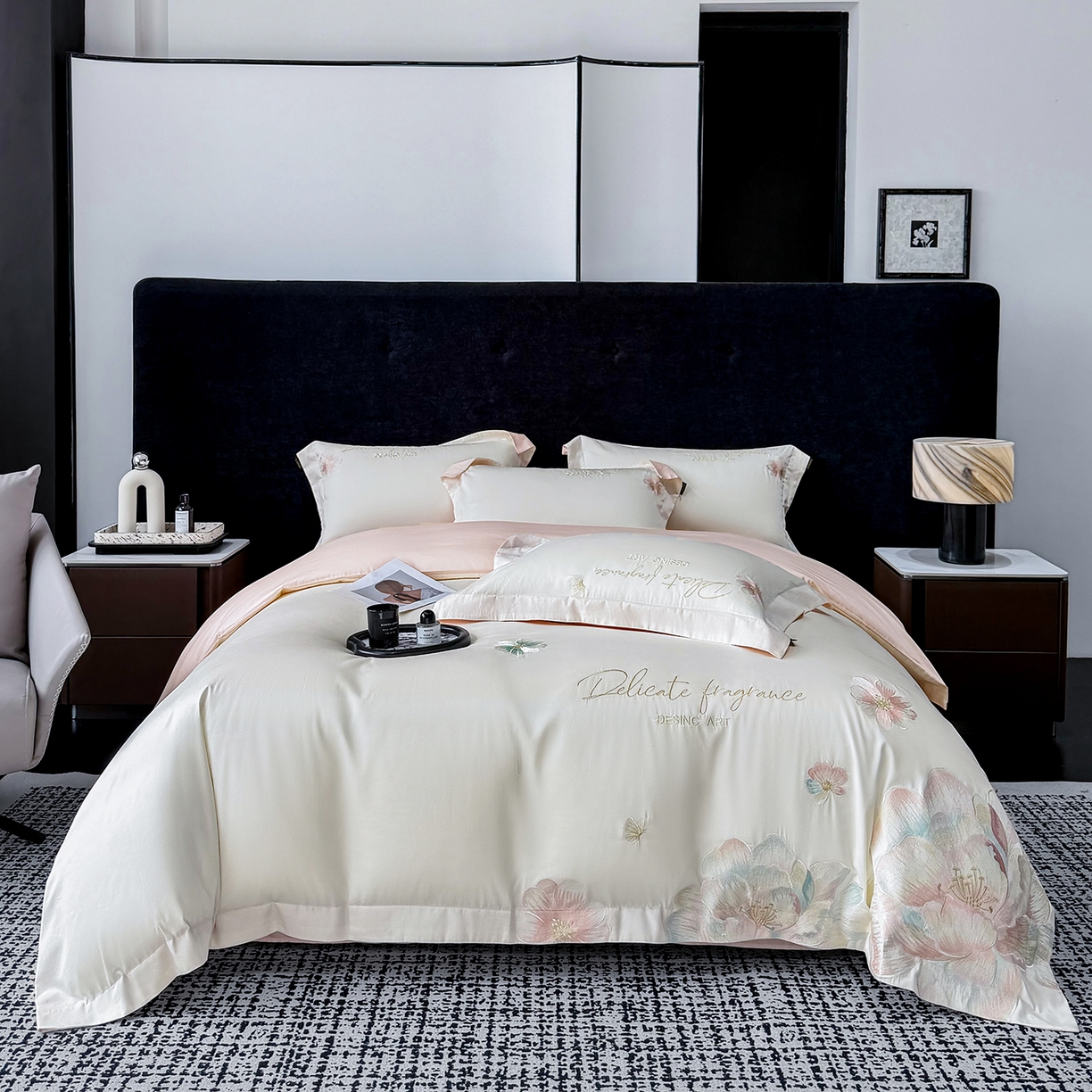 91家纺网 家纺一手货源 找家纺 （总）欣宜家纺 2026春夏新款A类50支贡缎长绒棉纯棉刺绣轻奢绣花四件套-花枝里