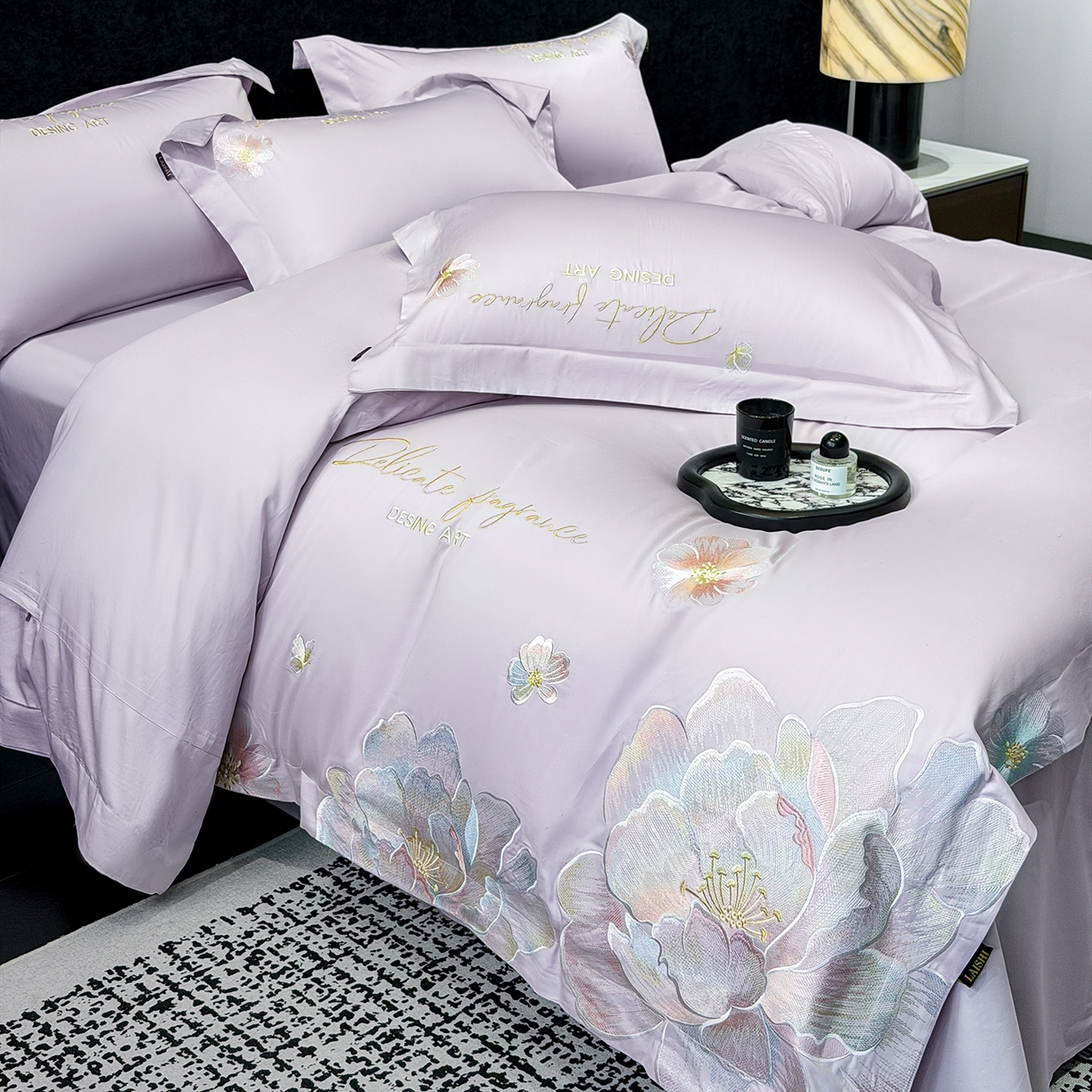 91家纺网 家纺一手货源 找家纺 欣宜家纺 2026春夏新款A类50支贡缎长绒棉纯棉刺绣轻奢绣花四件套-花枝里 花枝里 香芋紫