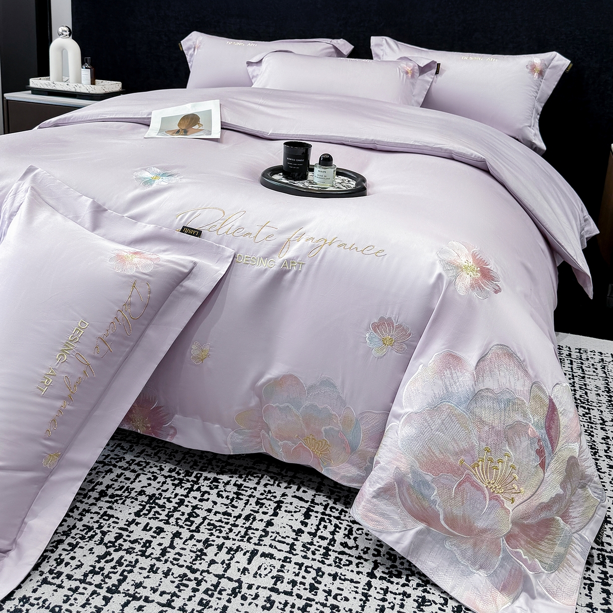 91家纺网 家纺一手货源 找家纺 欣宜家纺 2026春夏新款A类50支贡缎长绒棉纯棉刺绣轻奢绣花四件套-花枝里 花枝里 香芋紫