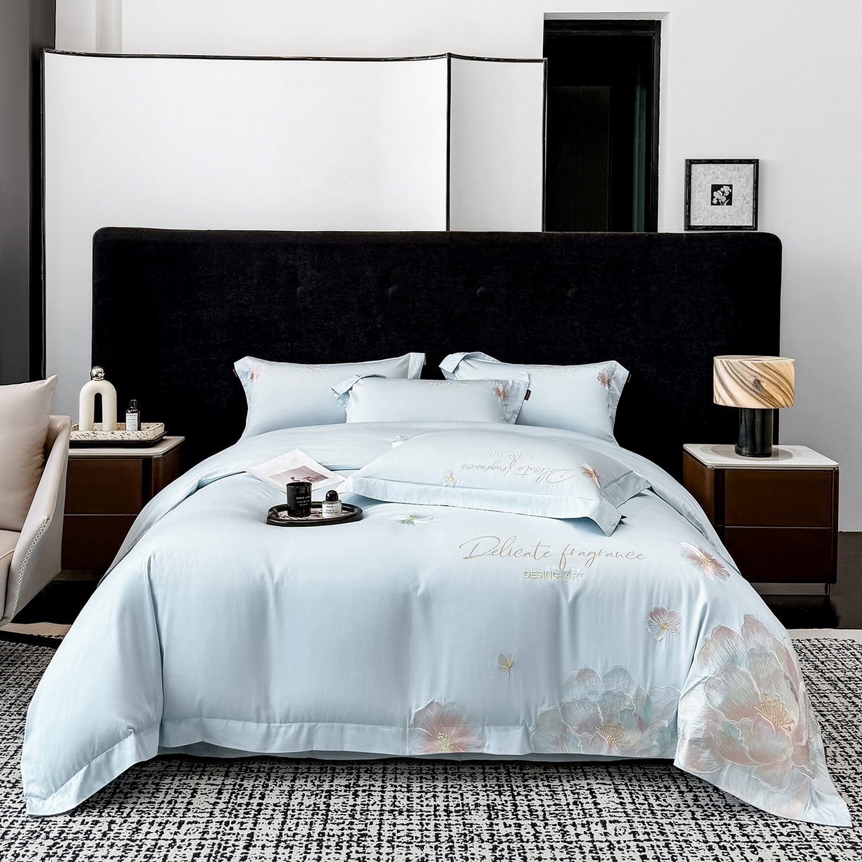 91家纺网 家纺一手货源 找家纺 欣宜家纺 2026春夏新款A类50支贡缎长绒棉纯棉刺绣轻奢绣花四件套-花枝里 花枝里 天空蓝