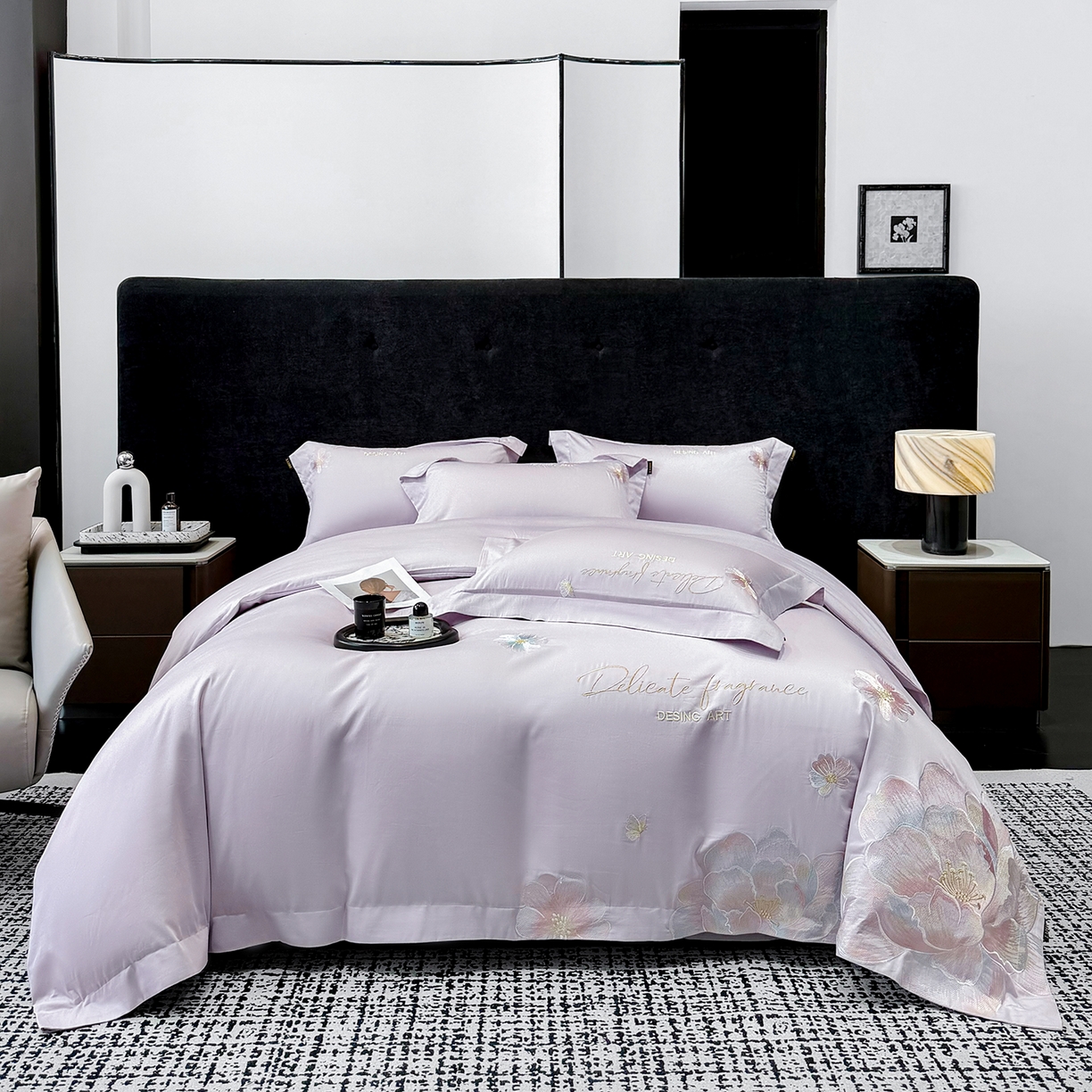 91家纺网 家纺一手货源 找家纺 欣宜家纺 2026春夏新款A类50支贡缎长绒棉纯棉刺绣轻奢绣花四件套-花枝里 花枝里 香芋紫