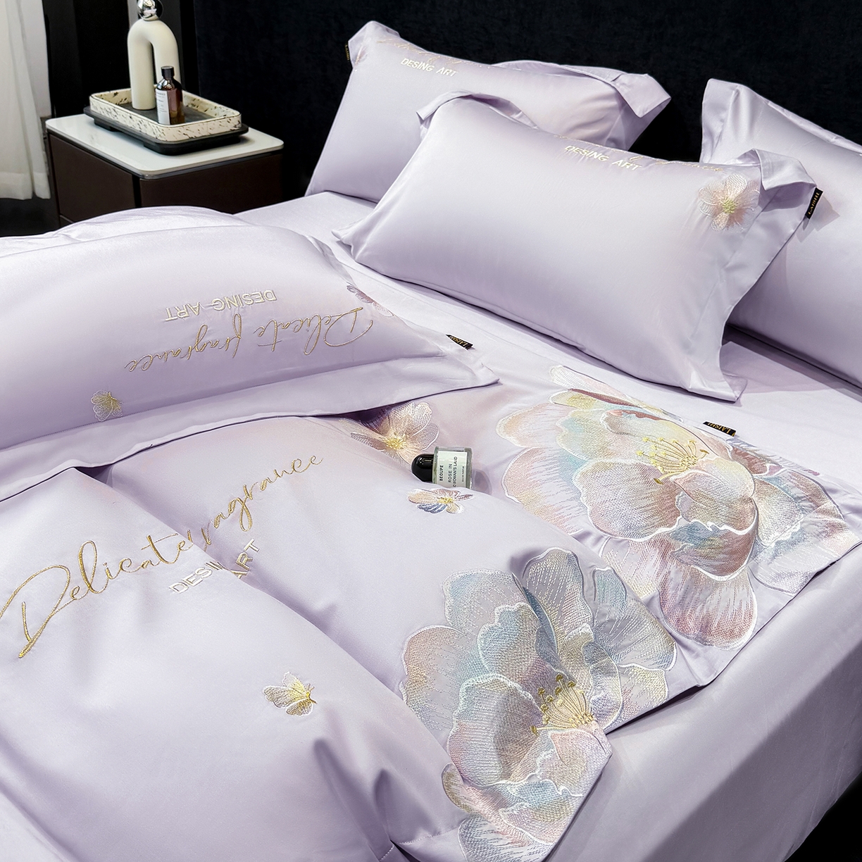 91家纺网 家纺一手货源 找家纺 欣宜家纺 2026春夏新款A类50支贡缎长绒棉纯棉刺绣轻奢绣花四件套-花枝里 花枝里 香芋紫