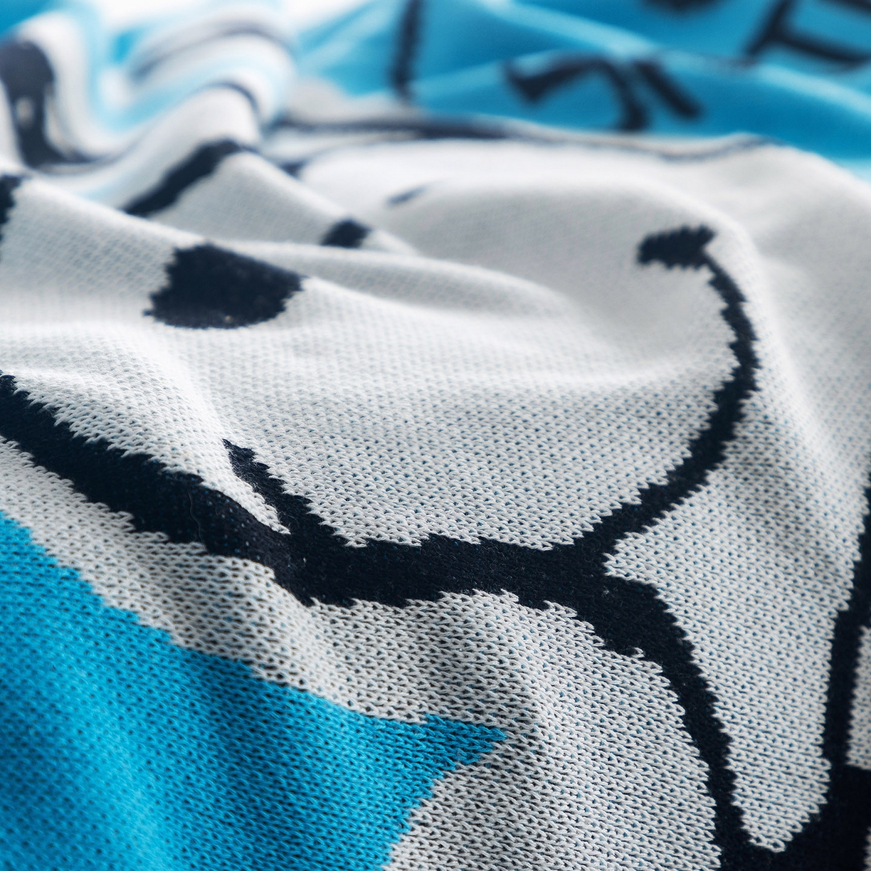 91家纺网 家纺一手货源 找家纺 栩裕纺织 2026新款史努比SNOOPY正版授权独家全棉针织毯多功能针织盖毯 史努比-滑板高手（蓝）