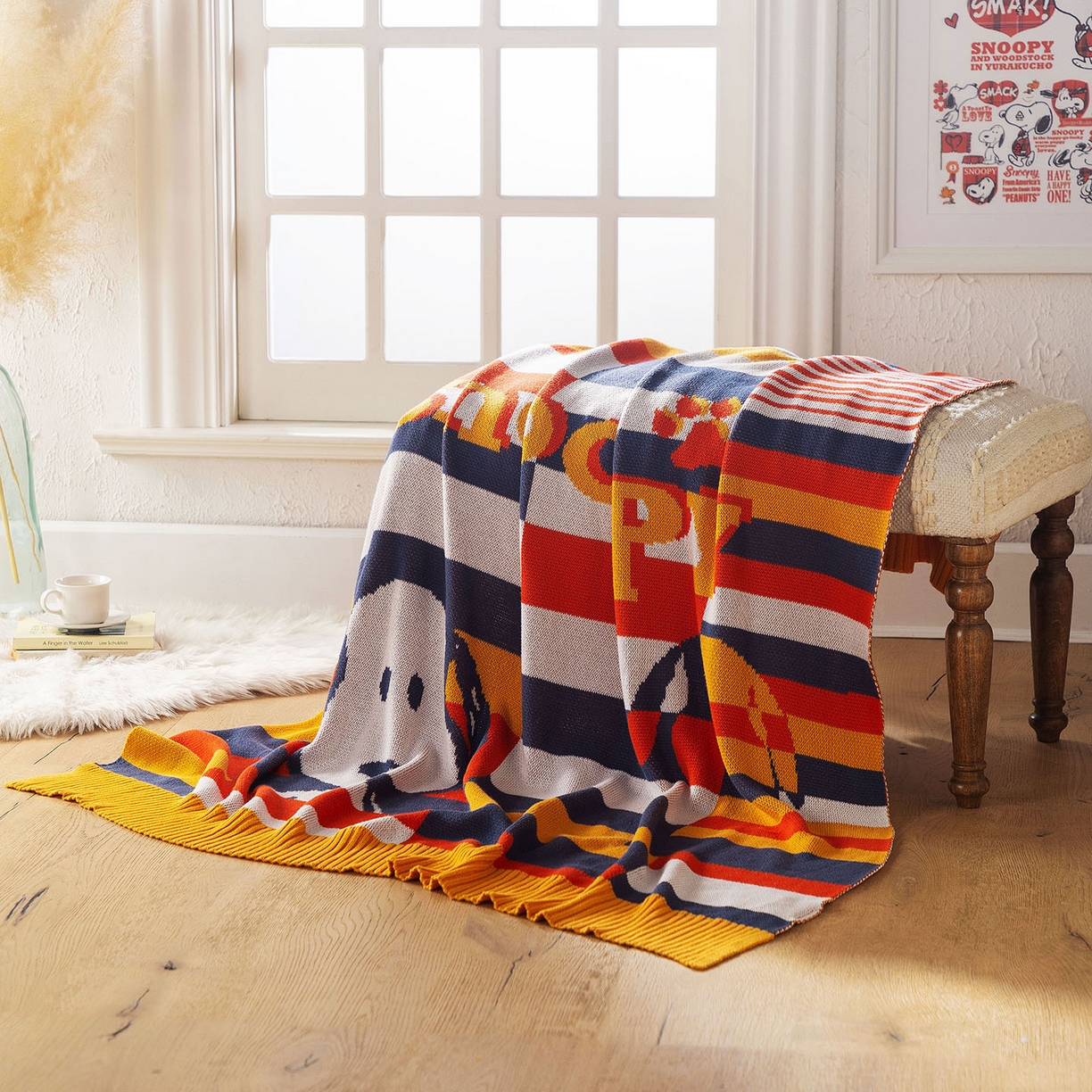 91家纺网 家纺一手货源 找家纺 栩裕纺织 2026新款史努比SNOOPY正版授权独家全棉针织毯多功能针织盖毯 史努比-幻像（黄）