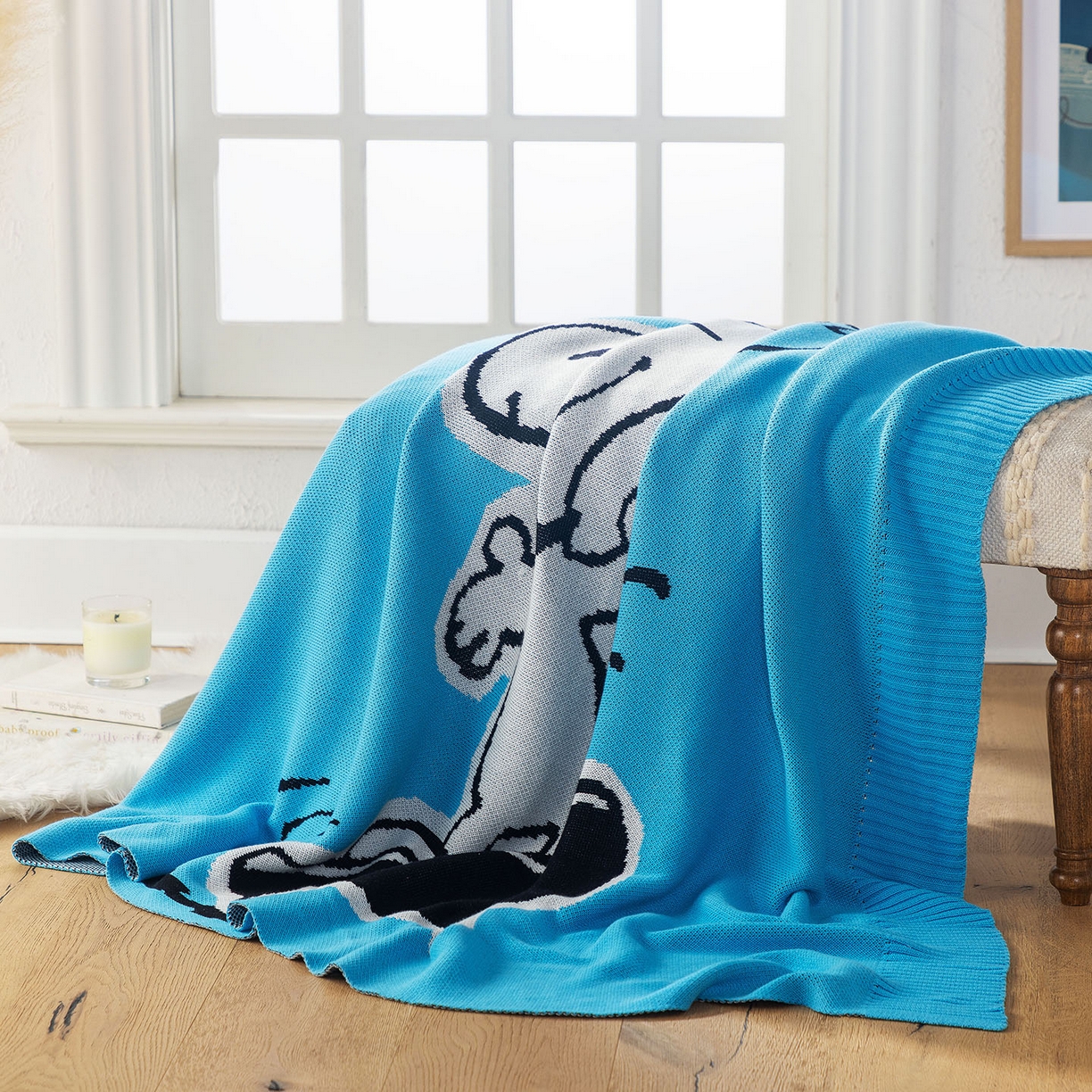 91家纺网 家纺一手货源 找家纺 栩裕纺织 2026新款史努比SNOOPY正版授权独家全棉针织毯多功能针织盖毯 史努比-滑板高手（蓝）