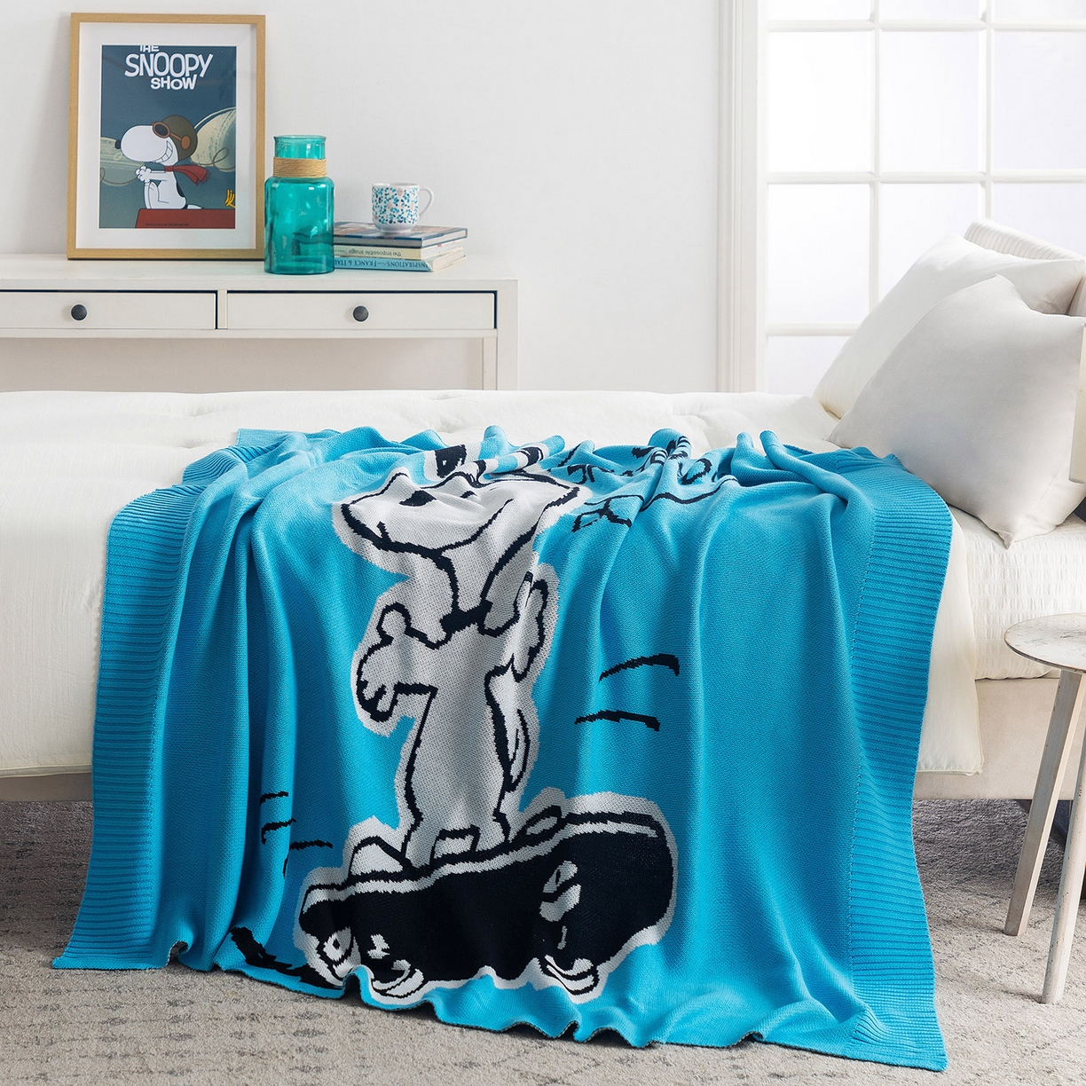 91家纺网 家纺一手货源 找家纺 栩裕纺织 2026新款史努比SNOOPY正版授权独家全棉针织毯多功能针织盖毯 史努比-滑板高手（蓝）