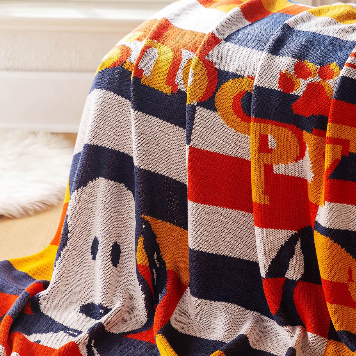 91家纺网 家纺一手货源 找家纺 栩裕纺织 2026新款史努比SNOOPY正版授权独家全棉针织毯多功能针织盖毯 史努比-幻像（黄）