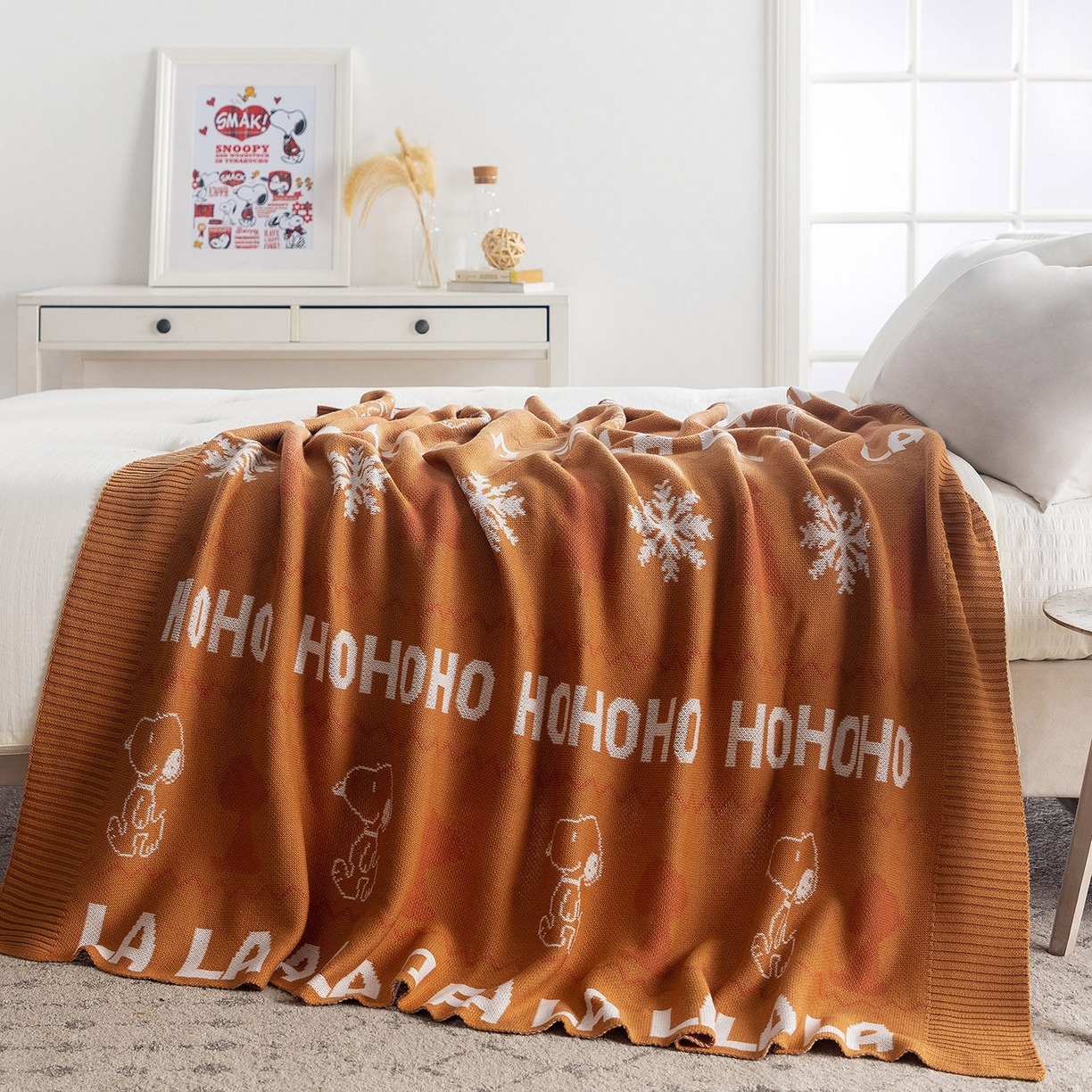 91家纺网 家纺一手货源 找家纺 栩裕纺织 2026新款史努比SNOOPY正版授权独家全棉针织毯多功能针织盖毯 史努比-红棕暖冬