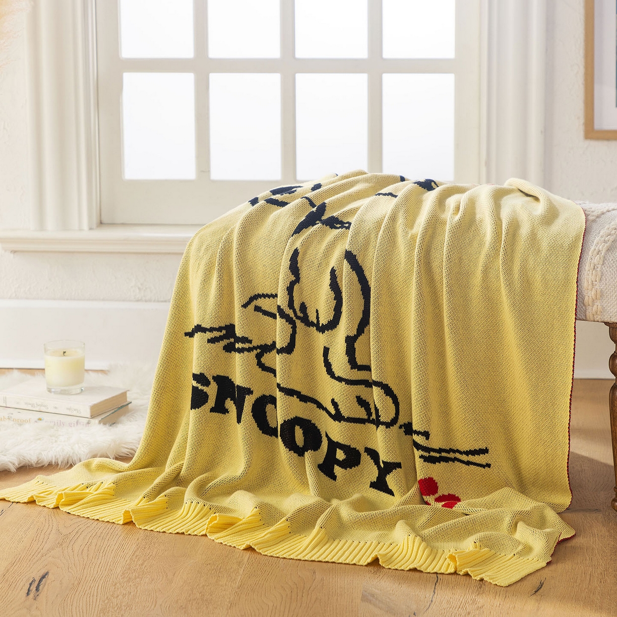 91家纺网 家纺一手货源 找家纺 栩裕纺织 2026新款史努比SNOOPY正版授权独家全棉针织毯多功能针织盖毯 史努比-世界限定（黄）