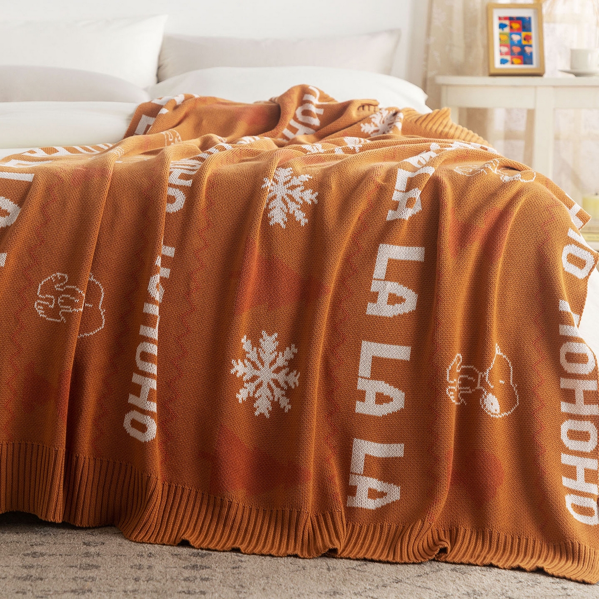 91家纺网 家纺一手货源 找家纺 栩裕纺织 2026新款史努比SNOOPY正版授权独家全棉针织毯多功能针织盖毯 史努比-红棕暖冬