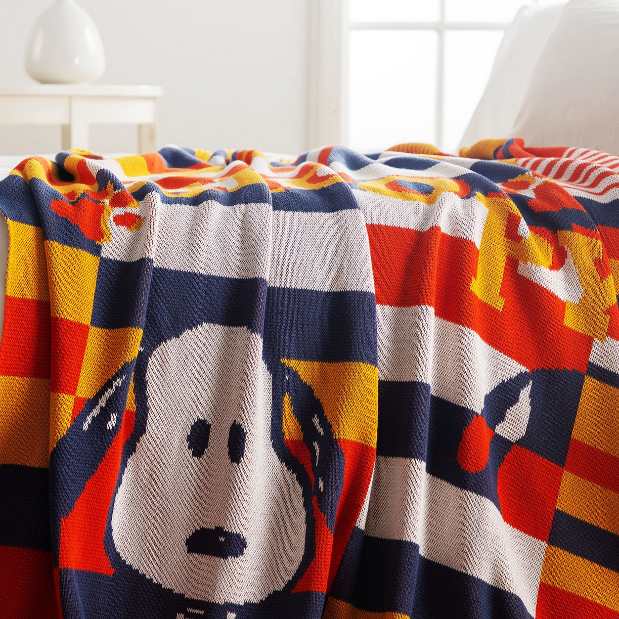 91家纺网 家纺一手货源 找家纺 栩裕纺织 2026新款史努比SNOOPY正版授权独家全棉针织毯多功能针织盖毯 史努比-幻像（黄）