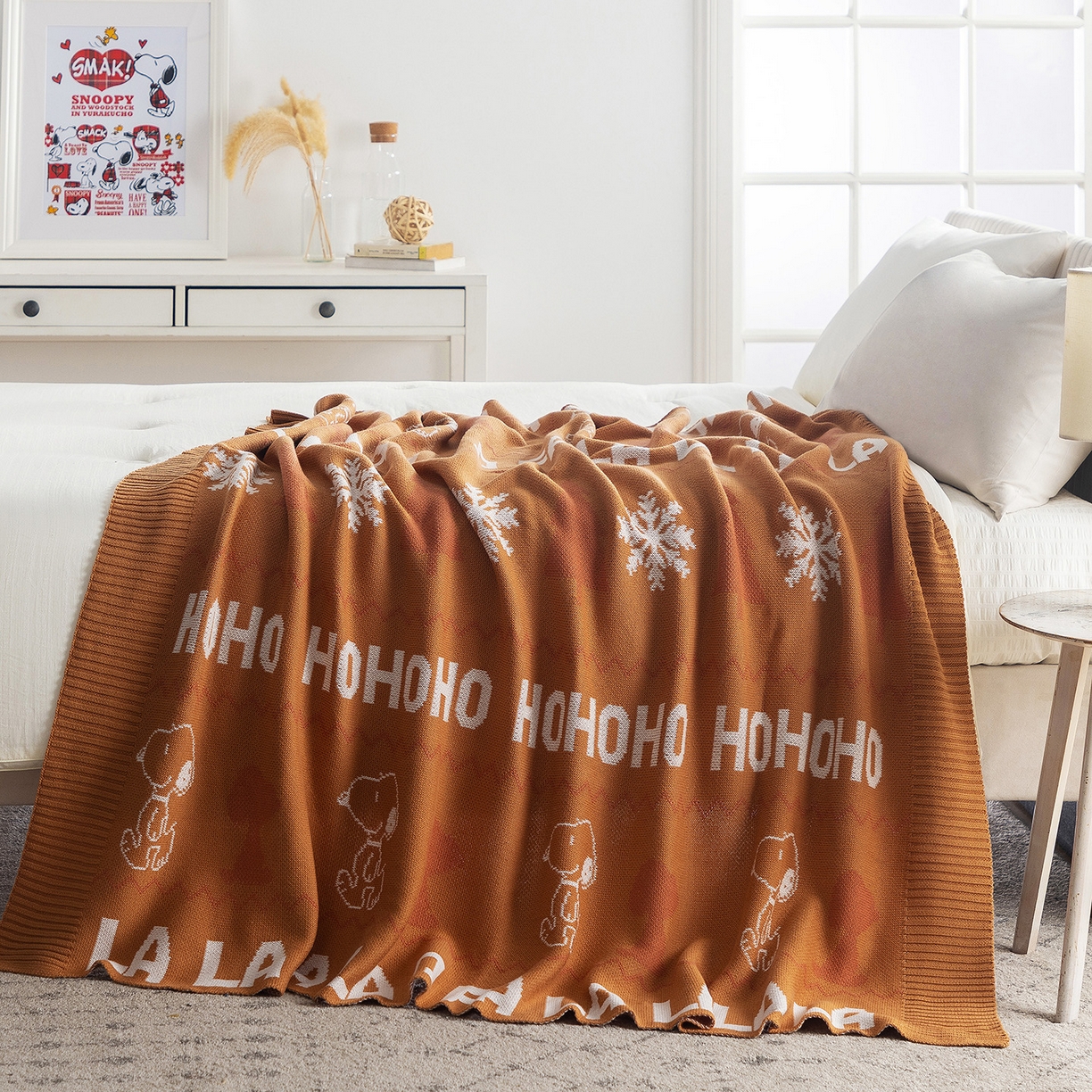 91家纺网 家纺一手货源 找家纺 栩裕纺织 2026新款史努比SNOOPY正版授权独家全棉针织毯多功能针织盖毯 史努比-红棕暖冬