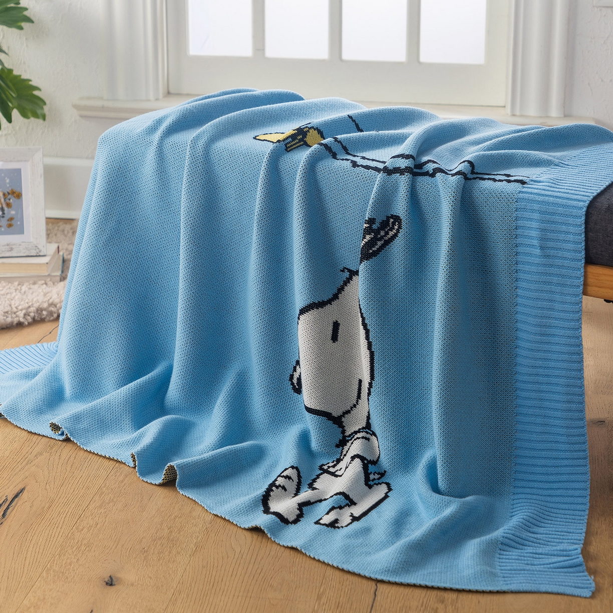 91家纺网 家纺一手货源 找家纺 栩裕纺织 2026新款史努比SNOOPY正版授权独家全棉针织毯多功能针织盖毯 史努比-我心飞翔