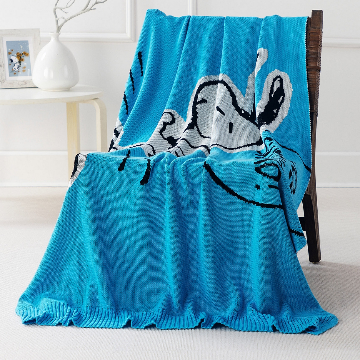 91家纺网 家纺一手货源 找家纺 栩裕纺织 2026新款史努比SNOOPY正版授权独家全棉针织毯多功能针织盖毯 史努比-滑板高手（蓝）